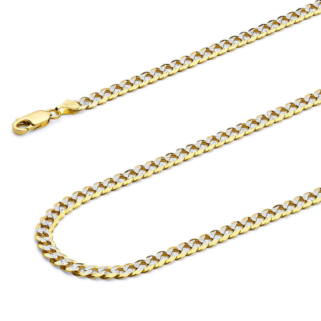 14k REAL Two Tone Gold Solid 2mm Cuban Concave Curb White Pave Chain Necklace with Spring Ring Clasp - 16"