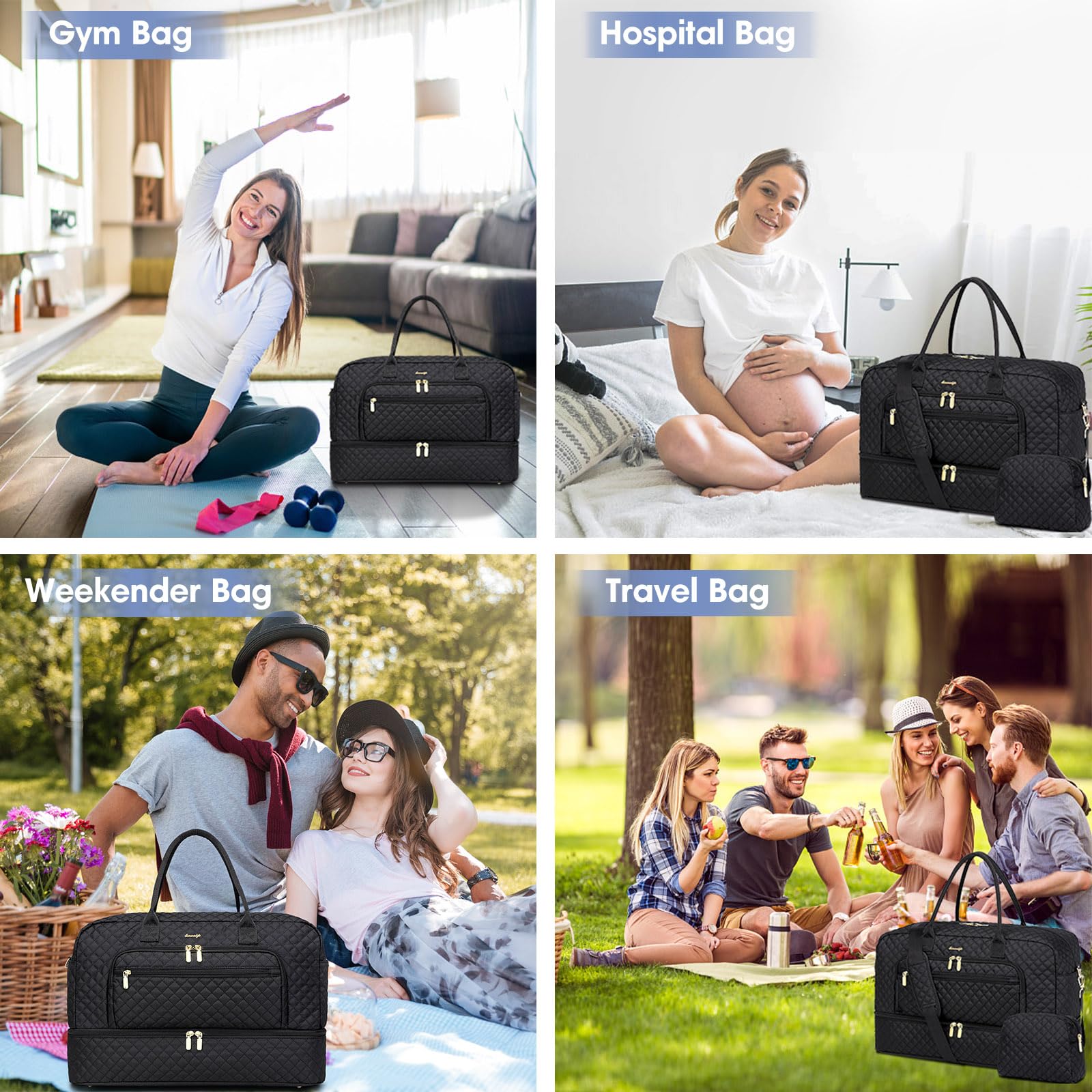 LUOCIP Large Women Travel Duffle Bag, Carry on Bag with Wet Toiletry Pocket for Overnight, Weekend, Yoga, Gym, Business Trips, Sport and Hospital, Black