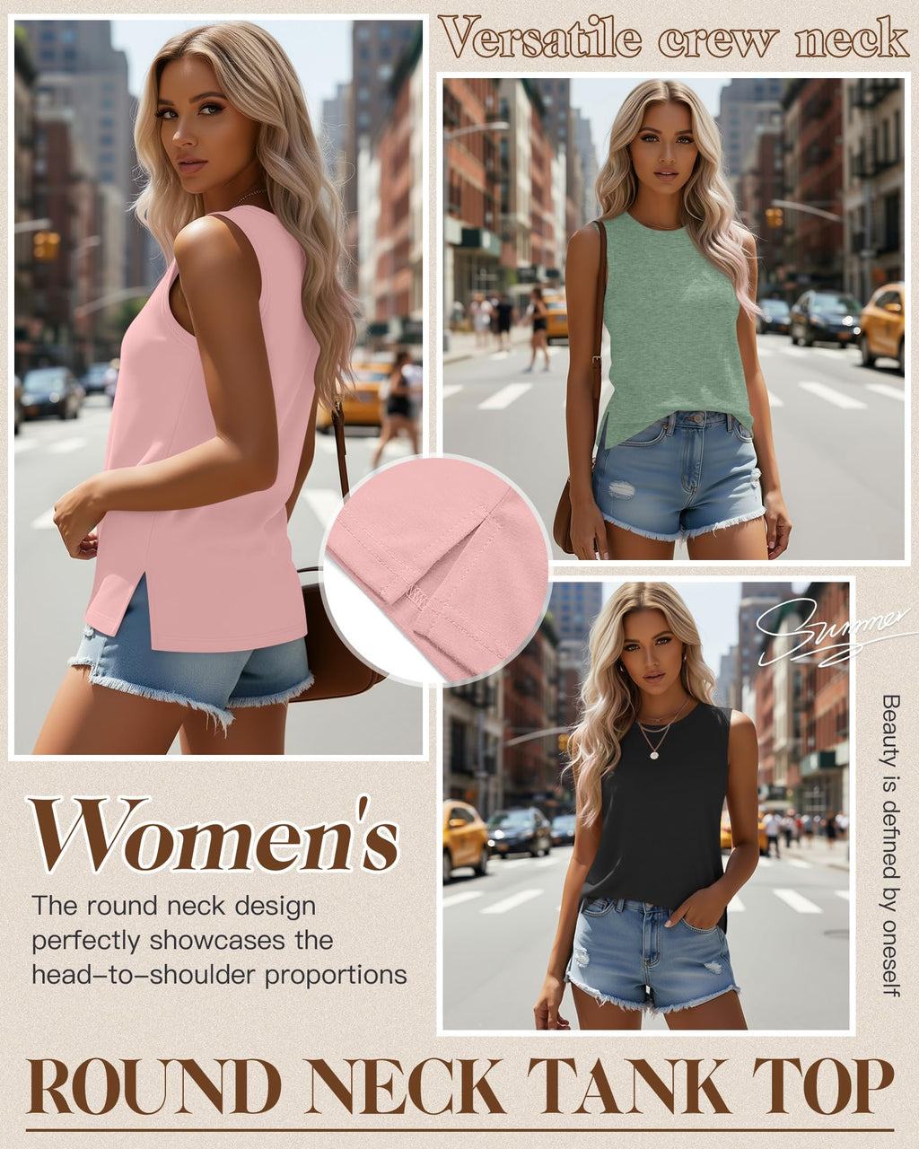 Ficerd 4 Pack Women's Sleeveless Tops, Casual Summer Loose Fit T Shirts Solid Color Tunic Tank Tops Ladies' Crew Neck(Black, Bean Green, Light Pink, Haze Blue,Small)