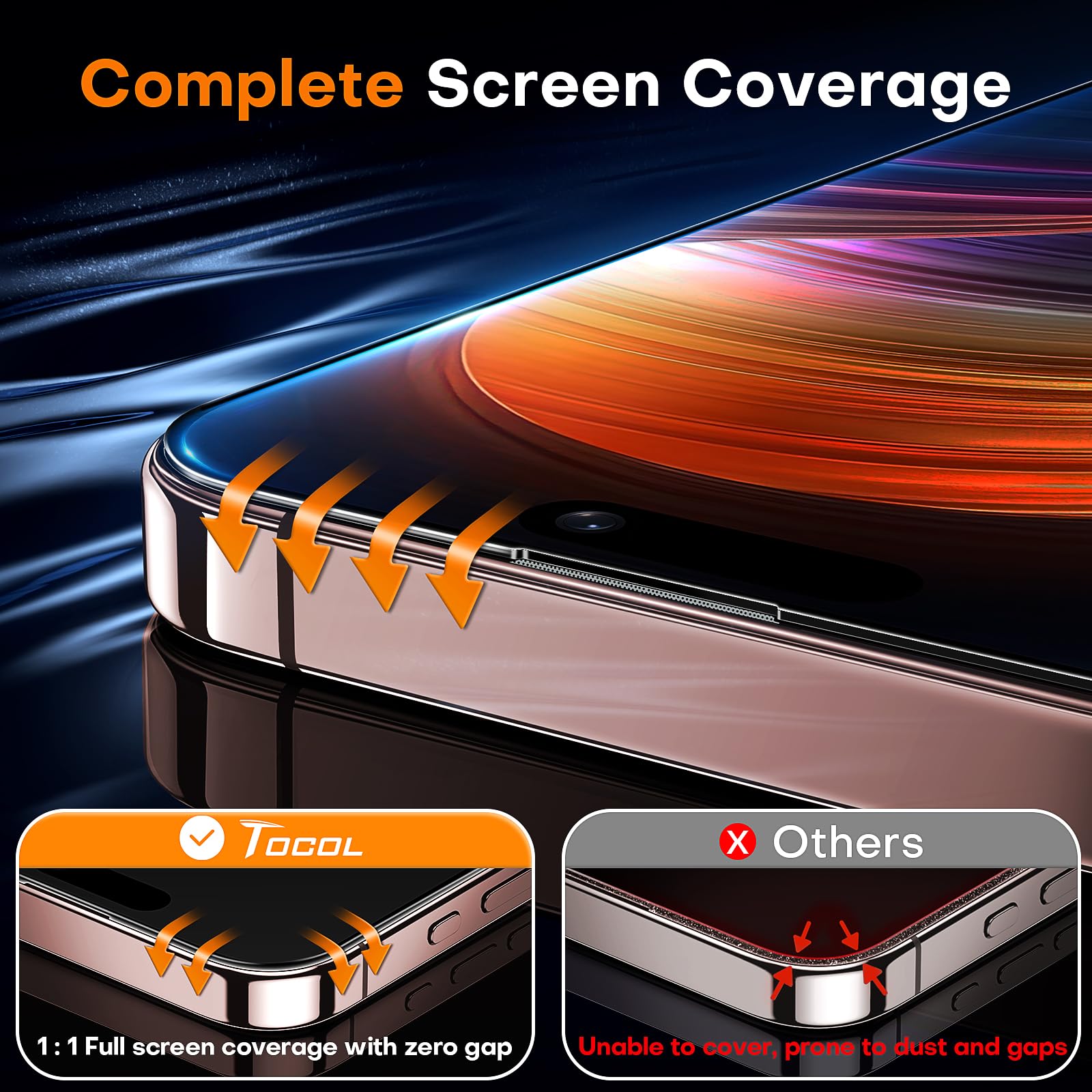 TOCOL for iPhone 16 Pro Max Screen Protector, 9H Hardness Military Grade Shatterproof HD Tempered Glass Full Coverage Easy Installation Case Friendly 2 Pack