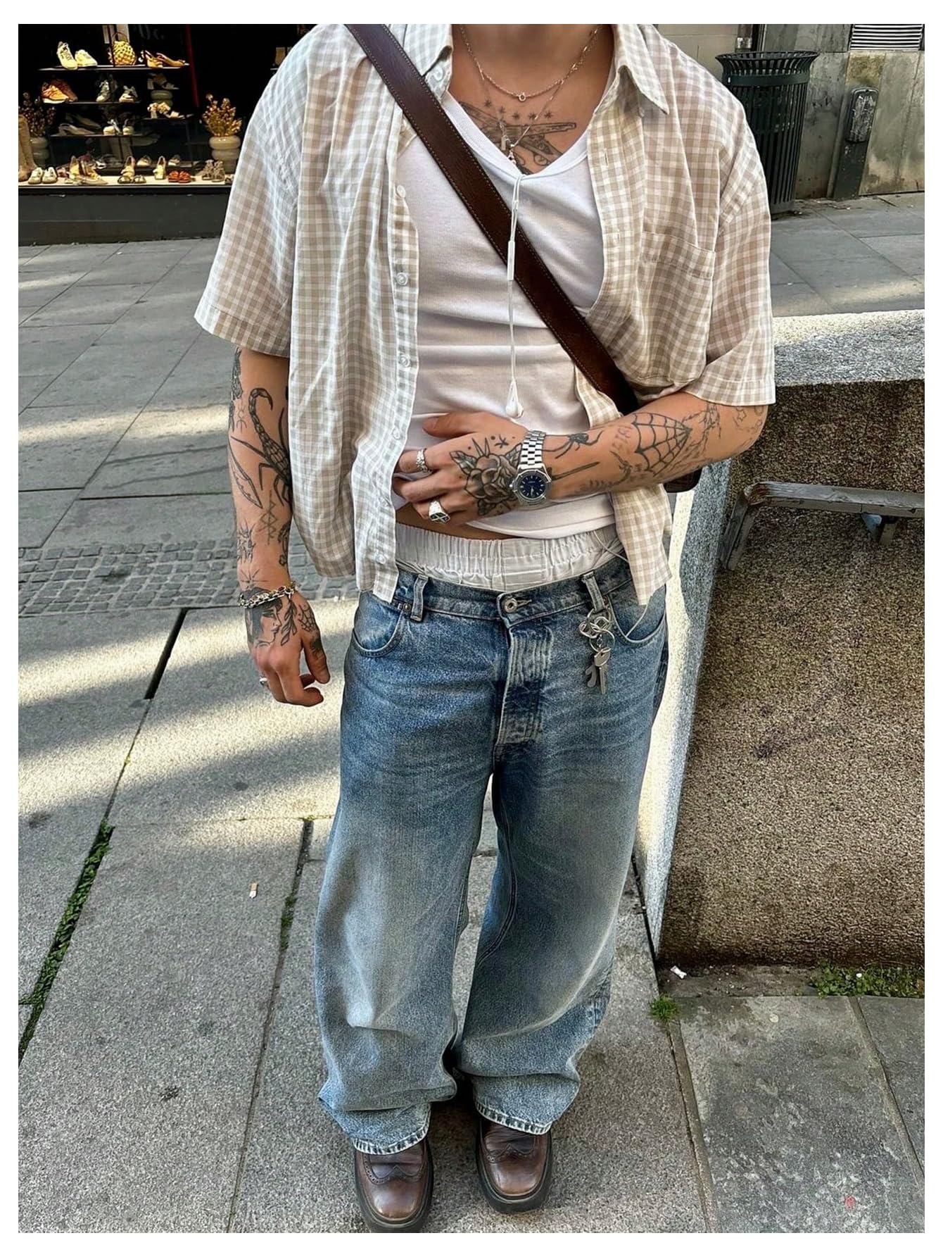 GORGLITTER Men's Cropped Button Down Shirt Plaid Y2k Short Sleeve Pocket Patched Gingham Collar Tops Streetwear White and Brown Small