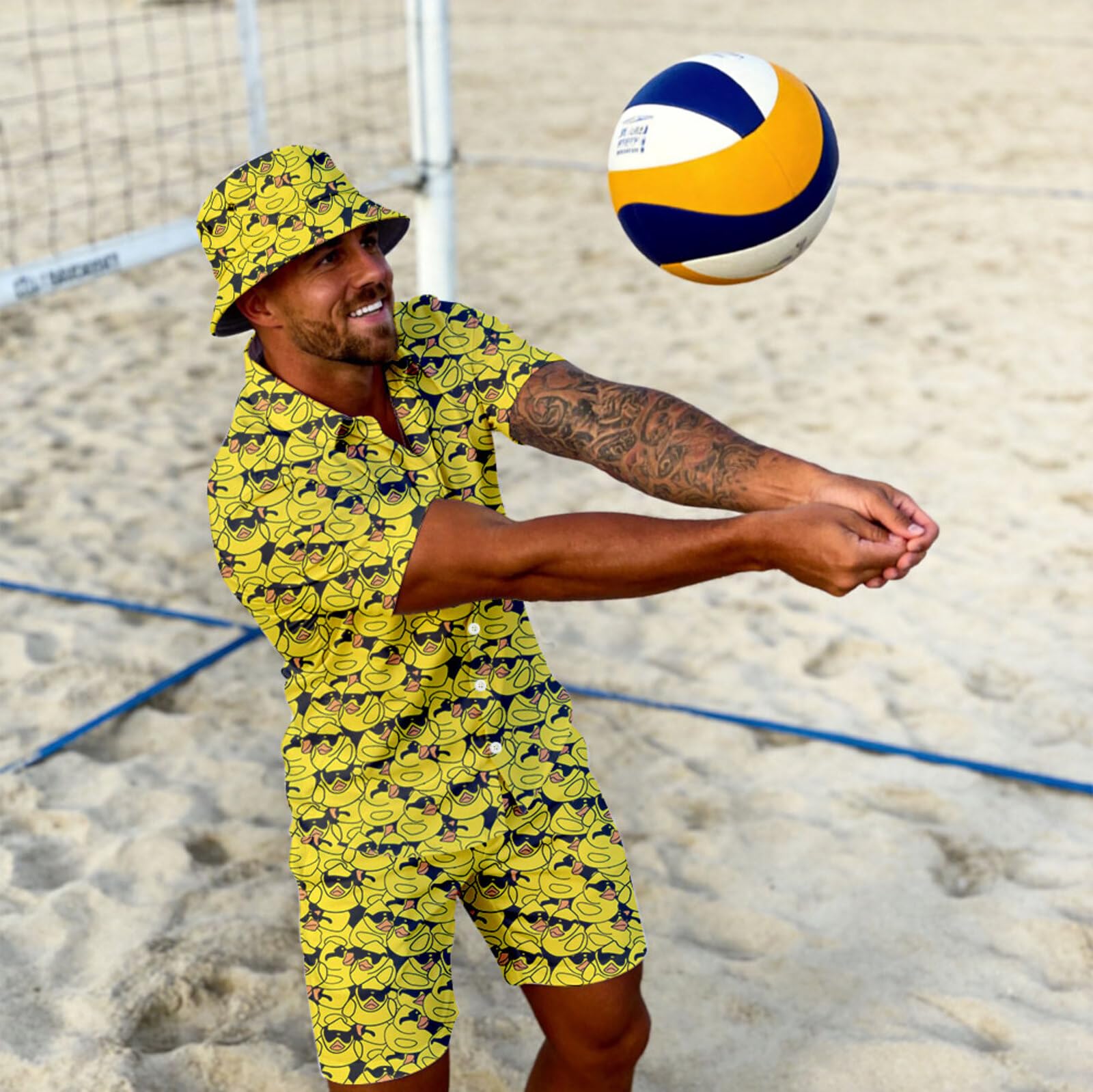 Wdpsuxin Mens Sunglasses Rubber Duck 2 Piece Short Set Hawaiian Button Down Shirt And Compression Liner 2 In 1 Shorts Sets With Bucket Hats Large
