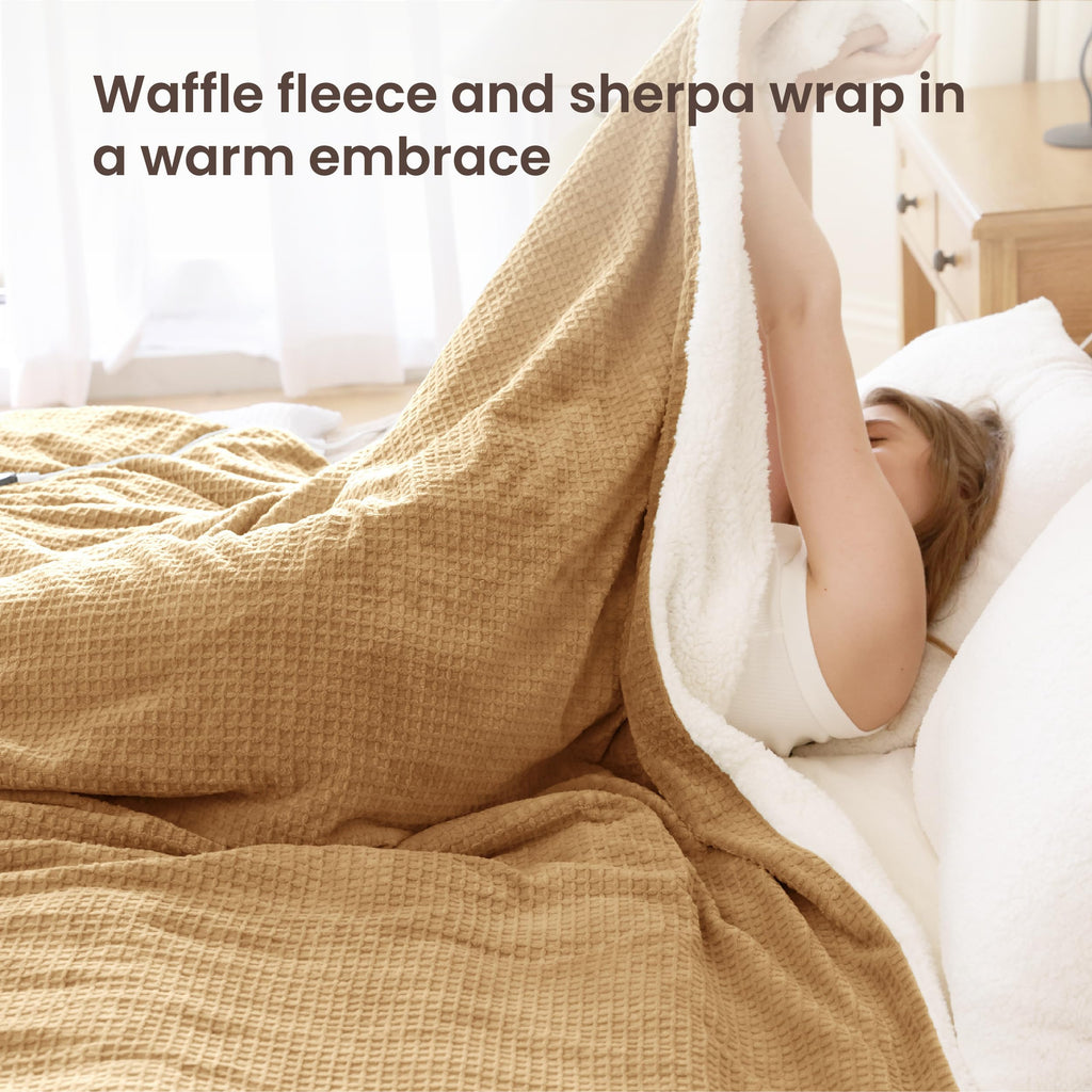 blunique Heated Blanket Electric Blanket King Waffle, 90x100 Inches Dual Controllers Sherpa Fleece Fast Heating Blanket 6 Heating Levels & 10 Hours Auto Off ETL Certification, Caramel King