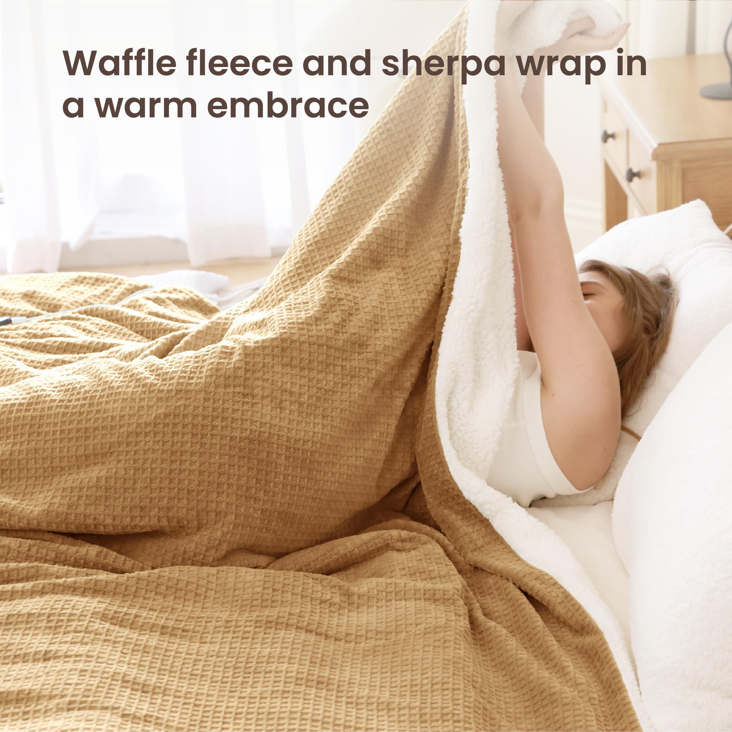 blunique Heated Blanket Electric Blanket King Waffle, 90x100 Inches Dual Controllers Sherpa Fleece Fast Heating Blanket 6 Heating Levels & 10 Hours Auto Off ETL Certification, Caramel King