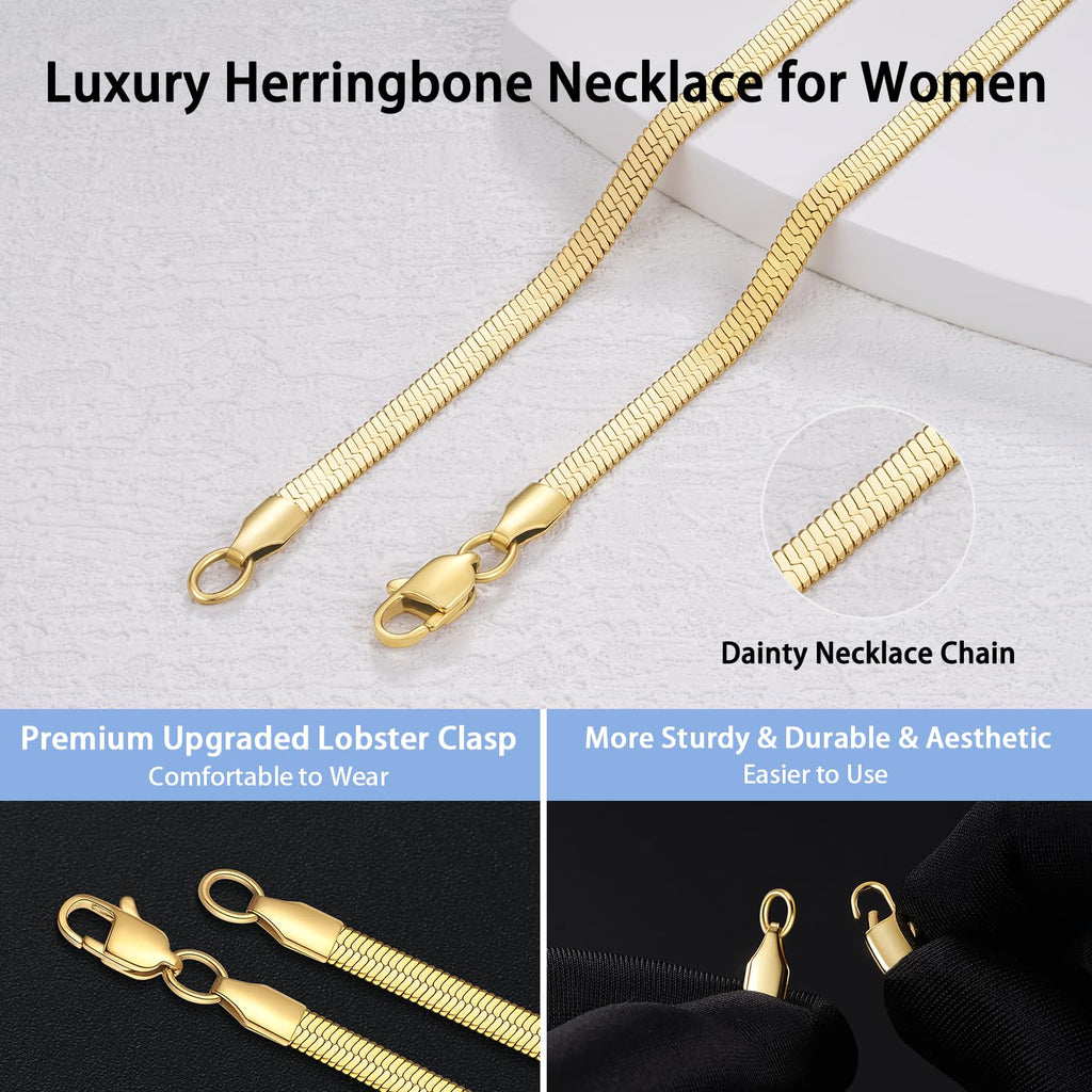 Jewlpire 18K Gold Plated Herringbone Necklace for Women, 3mm Flat Snake Chain Necklace, Gold Chain Choker Necklaces, Women's Chains Necklaces 16 Inch