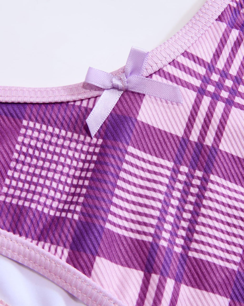 VOLAFA Women's Triangle Bikini Set Strapless Textured Bandeau Solid Cheeky Two Piece Swimsuit Bathing Suit (Small, Purple Plaid)