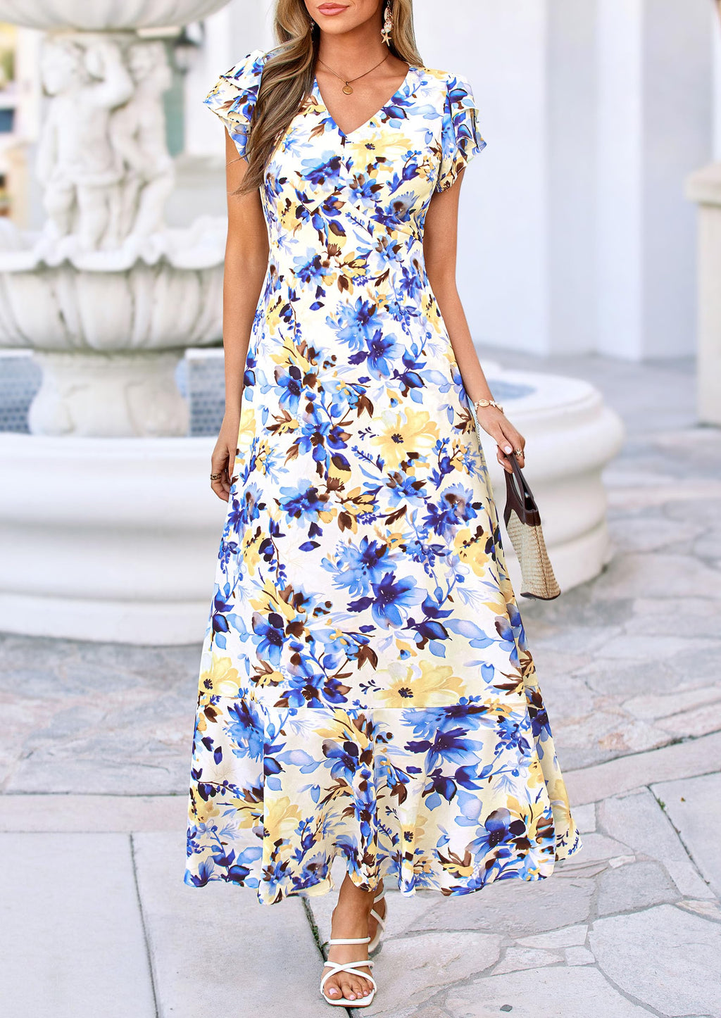 PRETTYGARDEN Floral Dress for Women 2026 Summer Boho Ruffle Flowy Cocktail Beach Spring Wedding Guest Maxi Long Dresses(Floral Beige Blue,Large)