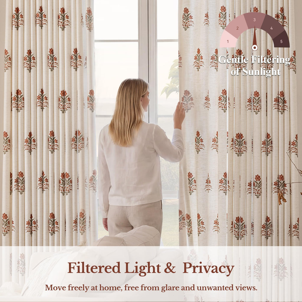 THREE GIRLS Pinch Pleated Curtains Light Filtering Red Floral Curtains for Living Room Bedroom Dining Room 84 Inches Luxury Linen Drapes Farmhouse Window Curtains with Hooks - 2 Panels Set, 40" x 84"