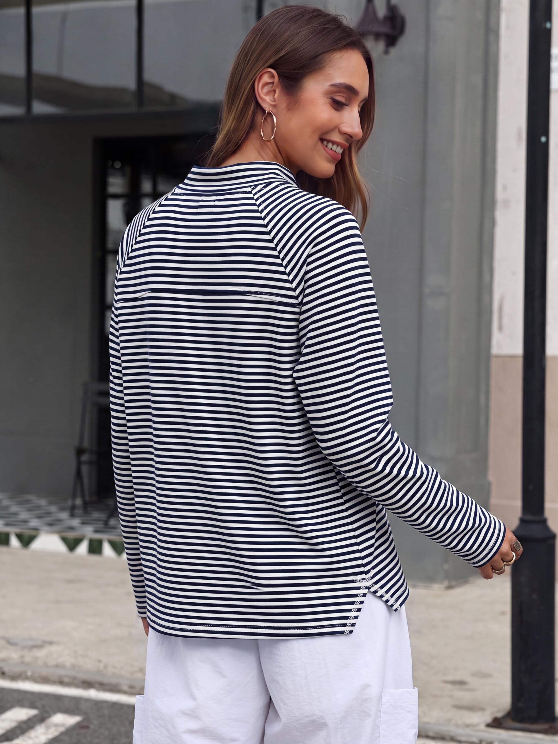 ANRABESS Women Mock Neck Long Sleeve Shirts Striped Top Navy Blue White L