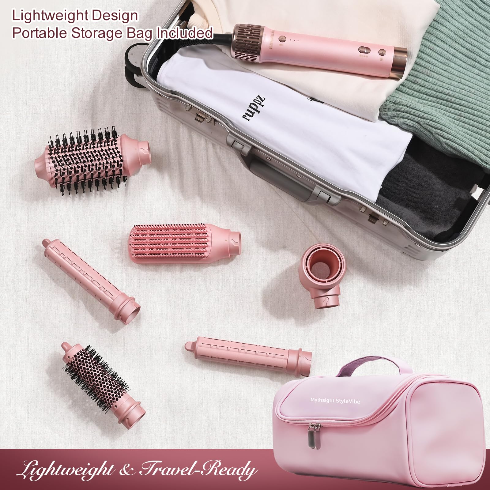 Mythsight StyleVibe 6-in-1 Air Styler, Hair Dryer & Blow Dryer Brush with Travel Case - Auto Wrap Curls (L/R), Fast Drying, Thermal Round Brush for Smooth Blowouts & Frizz-Free Volume, No Heat Damage