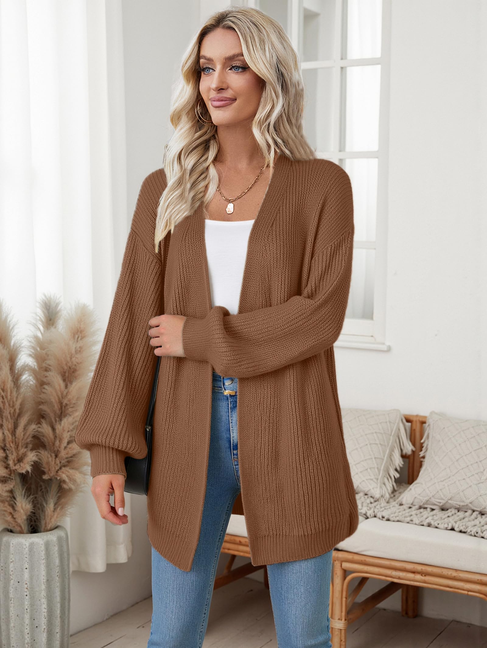 Libsorge Womens Long Cardigan Sweaters for Women Fall Winter Spring 2025 Trendy Outfits Chunky Waffle Knit Oversized Open Front Dressy Casual Lightweight Long Sleeve Cardigans Sweater Coffee Brown S