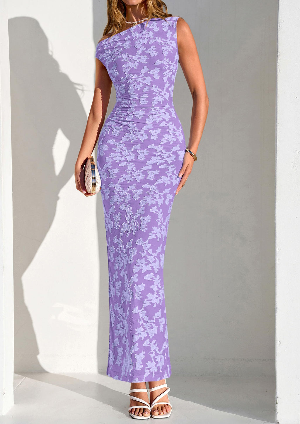 PRETTYGARDEN Womens Floral One Shoulder Maxi Dress 2026 Summer Spring Bodycon Ruched Side Slit Elegant Cocktail Party Dresses (Purple,X-Small)