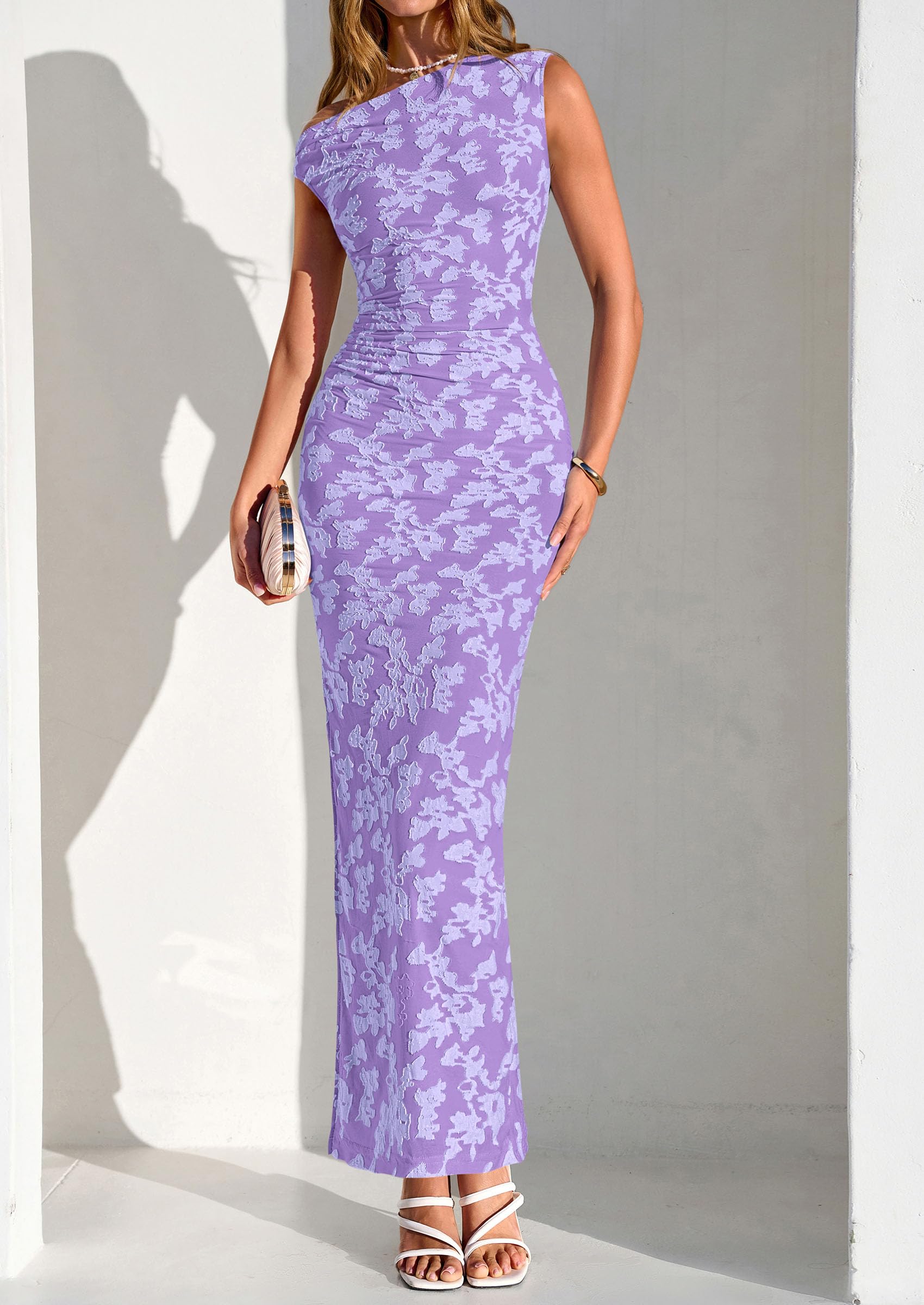 PRETTYGARDEN Womens Floral One Shoulder Maxi Dress 2026 Summer Spring Bodycon Ruched Side Slit Elegant Cocktail Party Dresses (Purple,X-Small)