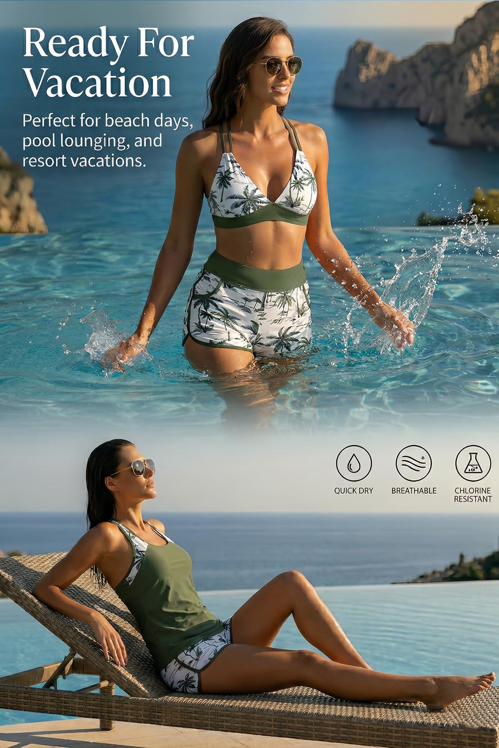 Daci Green Palm Tree Women 3 Piece Tankini Swimsuits - Tummy Control Tank Top with Bra Modest Bathing Suit with Pockets Boyshorts Bottom 2026 L