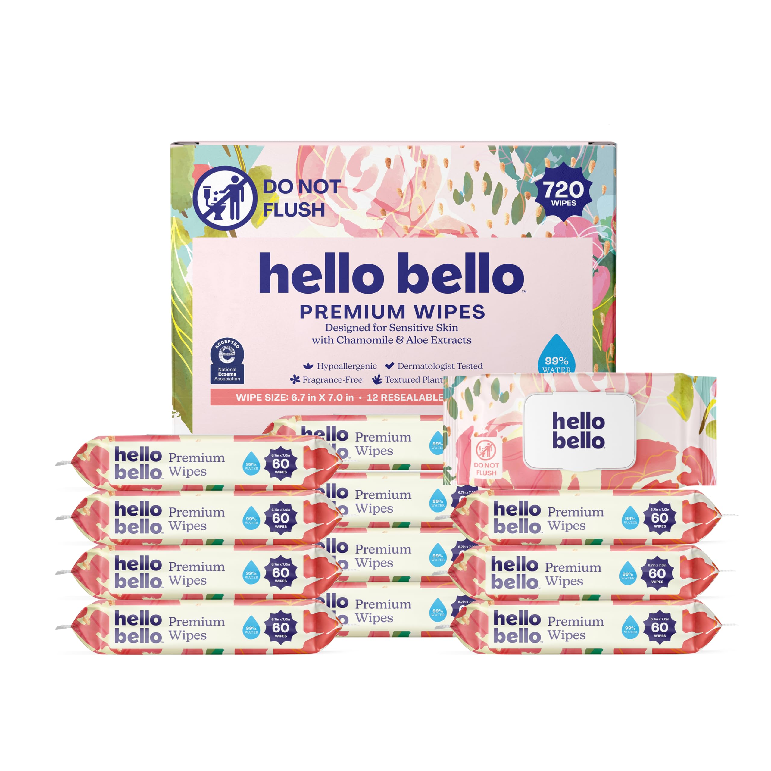Hello Bello Premium Wipes, Designed for Sensitive Skin with Chamomile & Aloe Extracts, Rosy Posy (12 Resealable Packets = 720 Total Wipes)