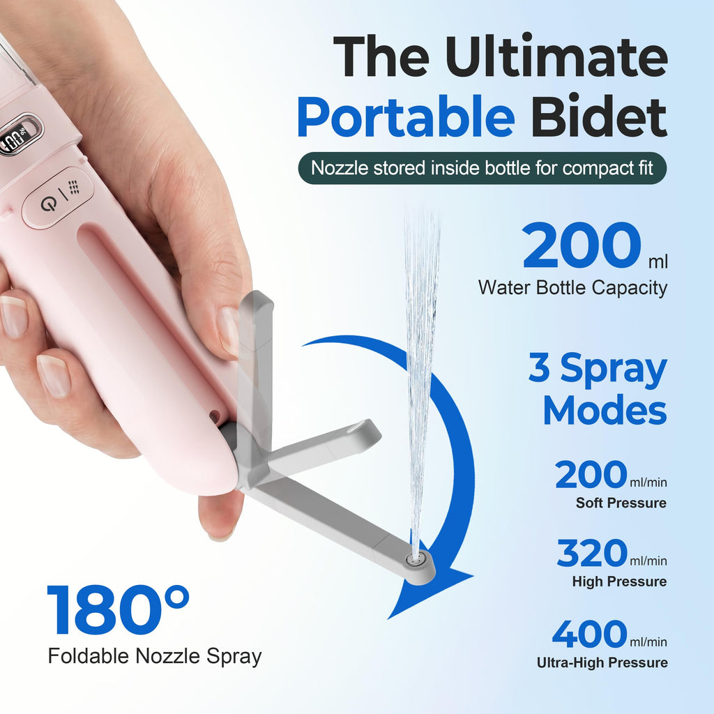 WeWi HLTH Electric Portable Bidet – Rechargeable Travel Bidet for Women Postpartum Care & Personal Hygiene | with 3 Pressure Modes for Home Travel & Camping (Pink)