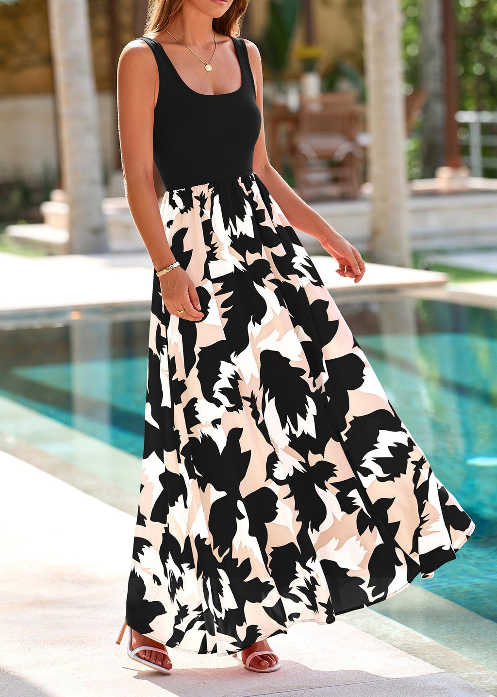 KIRUNDO Women Summer Sleeveless Boho Floral Maxi Dress 2026 Scoop Neck Tank A Line Flowy Beach Vacation Resort Wear Sundress(Black, Small)