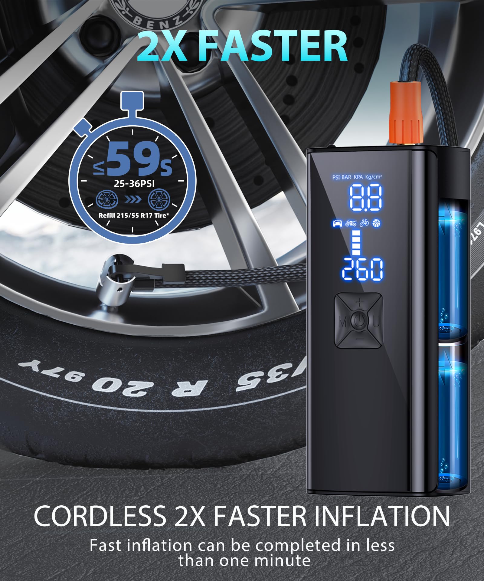 GJOSYOI Tire Inflator Portable Air Compressor, 2X Faster Inflation Air Pump with Tire Pressure Gauge and LED Light, 150 PSI Portable Compressor for Cars, Balls, Bikes and Motorcycles