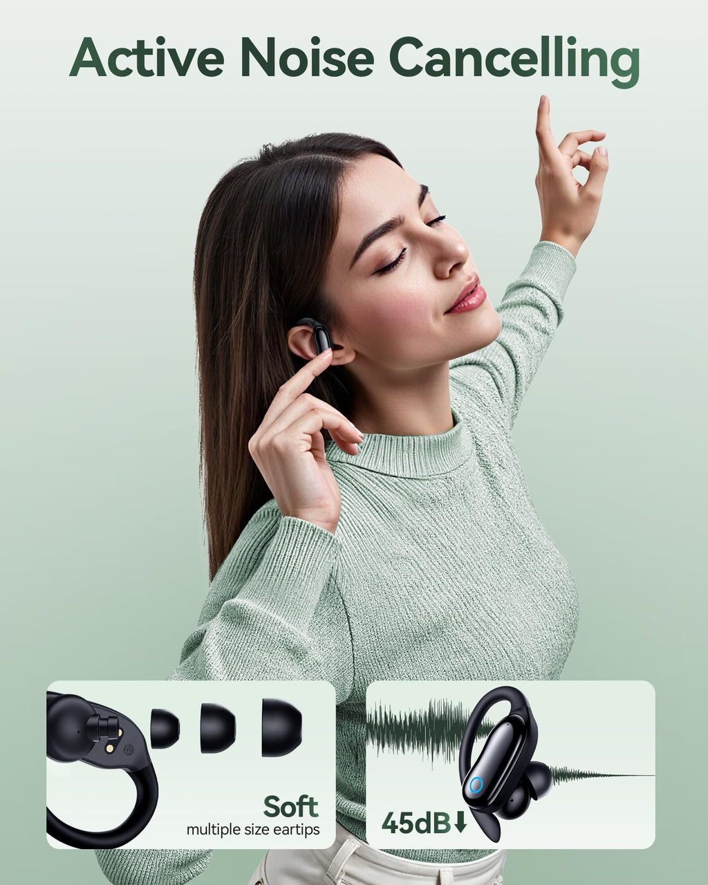GNMN Active Noise Cancelling Ear Buds Wireless Earbuds 96hrs Playback Bluetooth Headphones Dual Battery Display Stereo Bass Earphones with Earhooks (Standard, Black)
