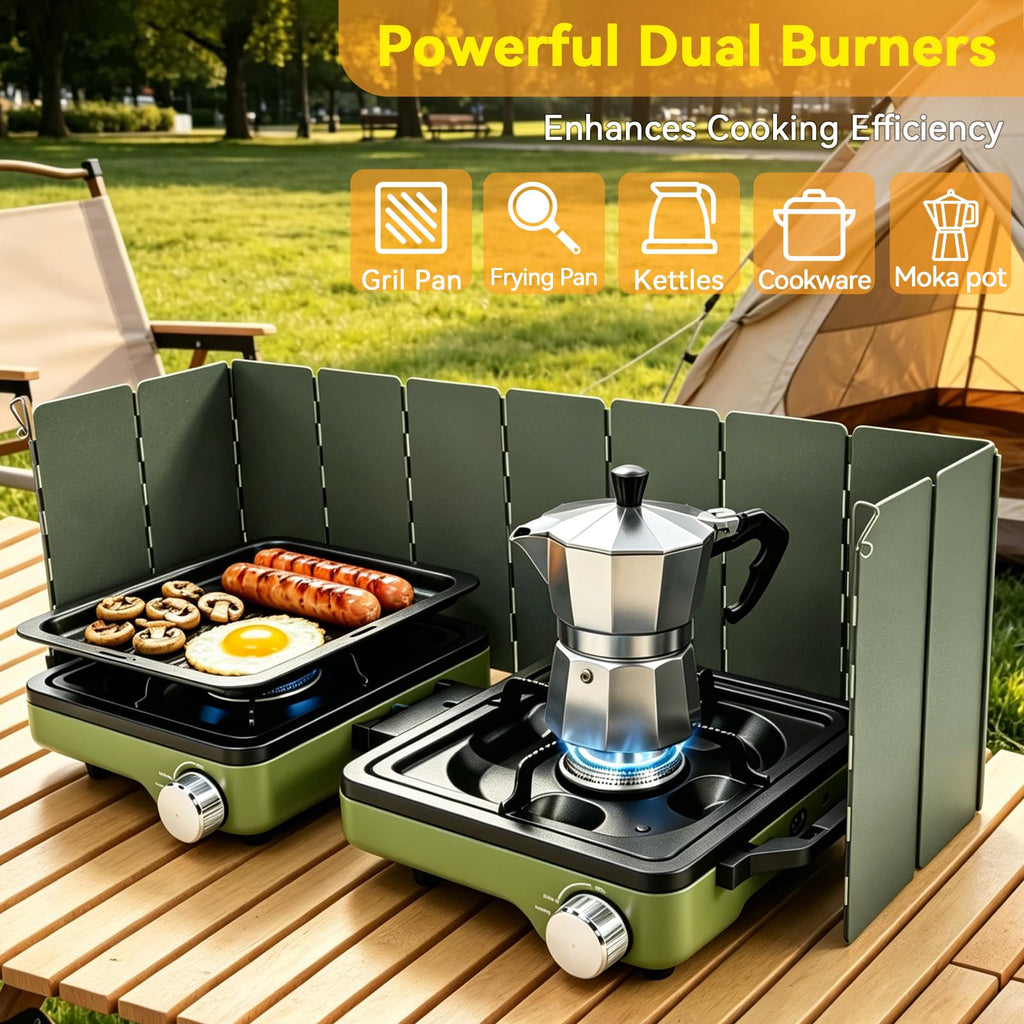 2 Burner Camping Stove with Windshield, 24000 BTU Propane Camp Stove, Portable Folding Camp Stove with Frying Pan, Coffee Stand & Carry Bag, Camping Essentials for Picnic, RV, Camp kitchen, Green