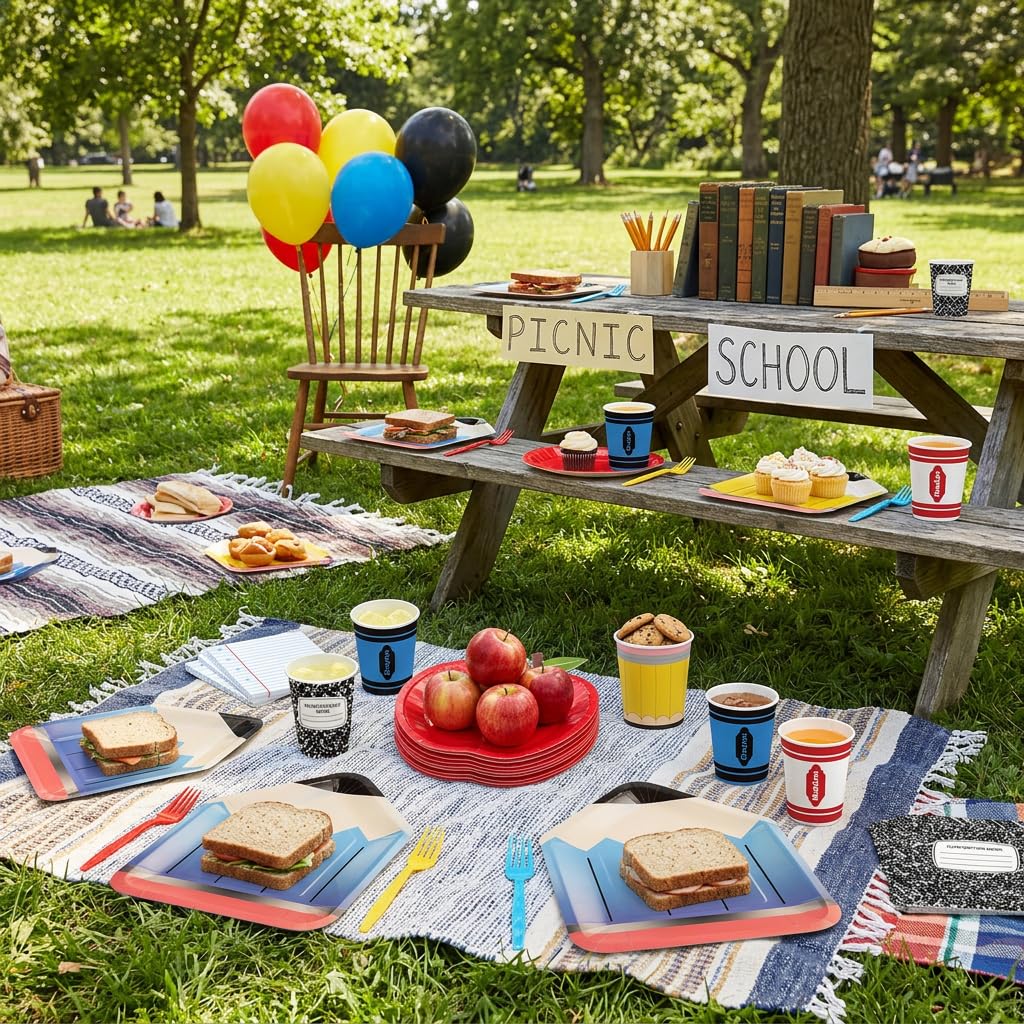 120 PCS Back to School Party Supplies, School Paper Plates and Napkins Set for 24 Guests, Pencil Shaped Plates, Composition Book & Notebook Napkins, 9 oz Cups, Forks, Classroom First Day of School