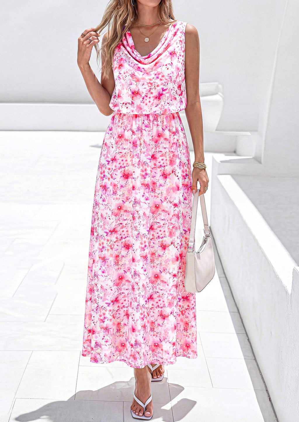 PRETTYGARDEN Womens Summer Floral Maxi Dresses 2026 Spring Sleeveless Cowl Neck Flowy Beach Vacation Wedding Guest Long Dress(White Pink Flower,Large)