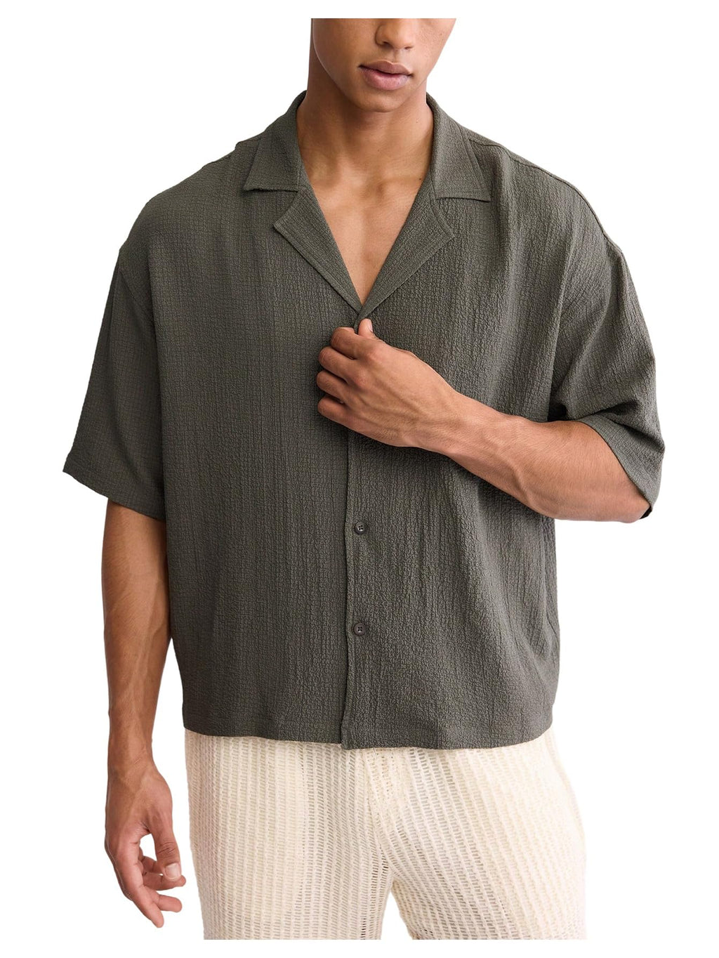 OYOANGLE Men's Oversized Cropped Button Down Shirts Casual Short Sleeve Solid Loose Shirts Army Green Small