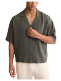 OYOANGLE Men's Oversized Cropped Button Down Shirts Casual Short Sleeve Solid Loose Shirts Army Green Small