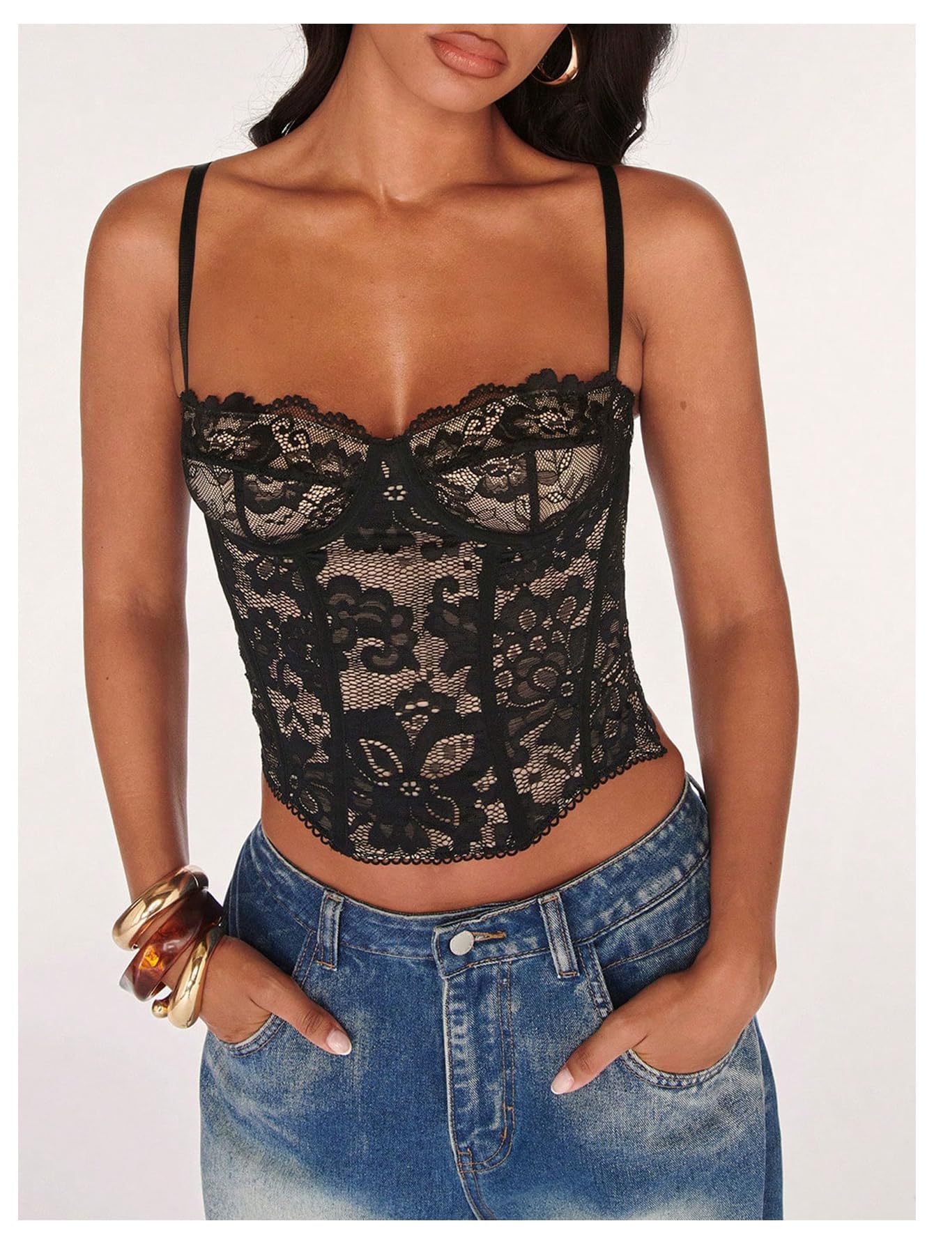 WDIRARA Women's Cut Out Lace Crop Bustier Corset Tank Top Sexy Going Out Party Club Tops Cami Black Large