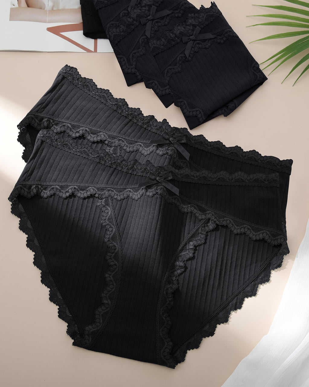 LEVAO 6 Pack Black Cotton Underwear for Women Lace Cheeky Bikini Panties Stretch Soft Hipster Ladies Briefs S-XXL