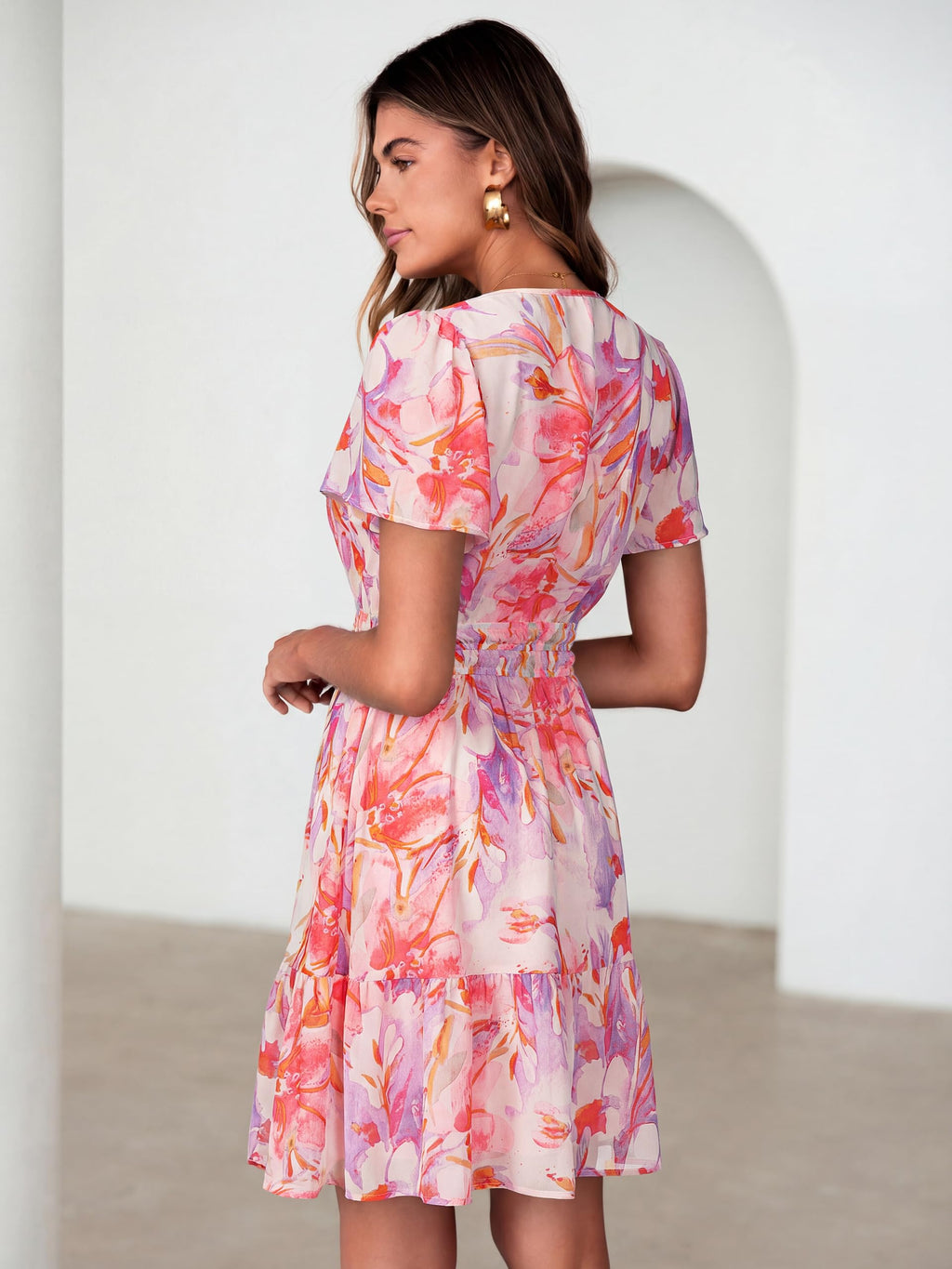 Simplee Women 2026 Floral Summer Short Dress Short Sleeves V Neck Chiffon A-Line Casual Flowy Boho Mini Dresses Pink Purple Floral L