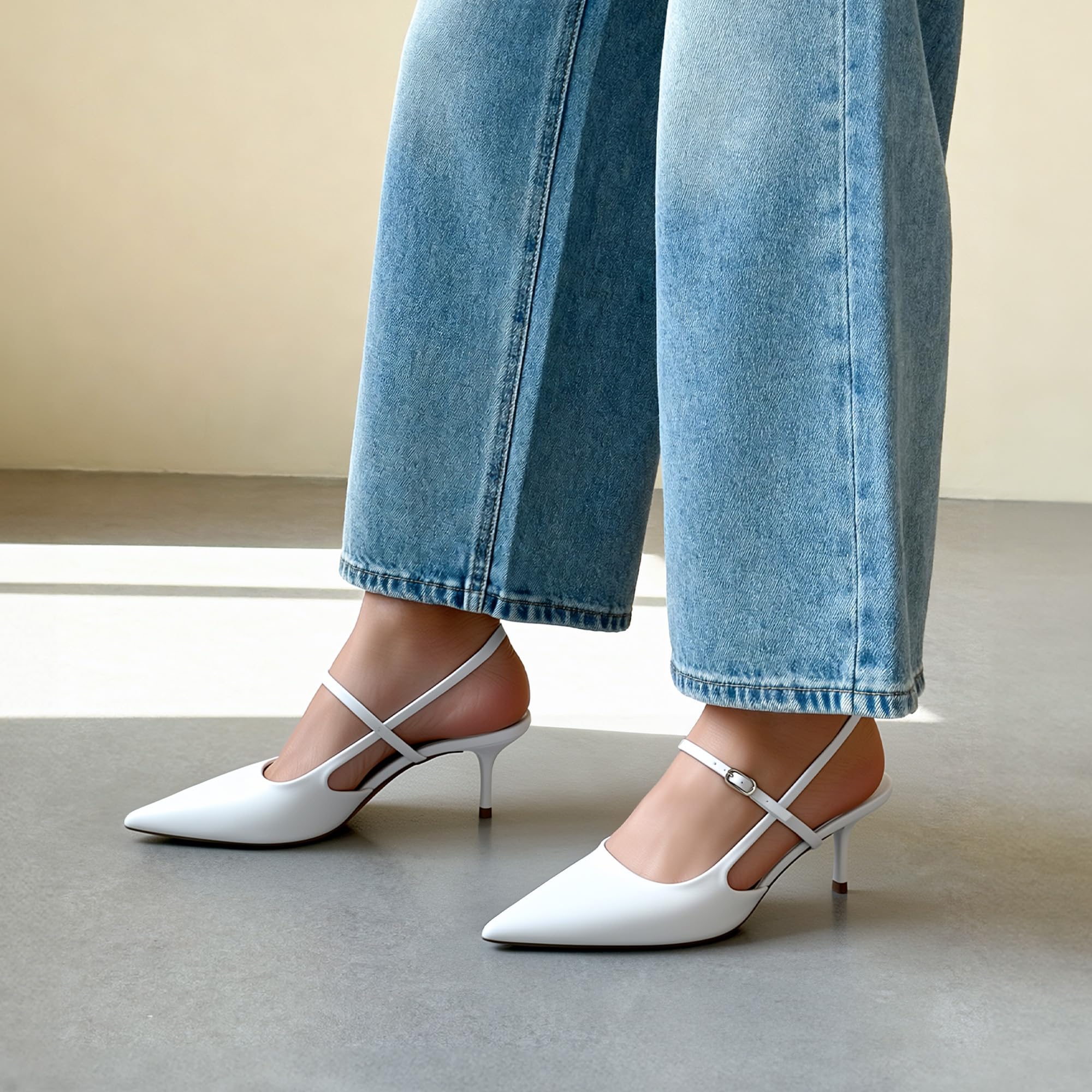 DREAM PAIRS Mary Jane Shoes Women Kitten Slingback Pointed Closed Toe Heels Dress Party Casual Comfortable Pumps Shoes,Size 7,White,SDPU26014W