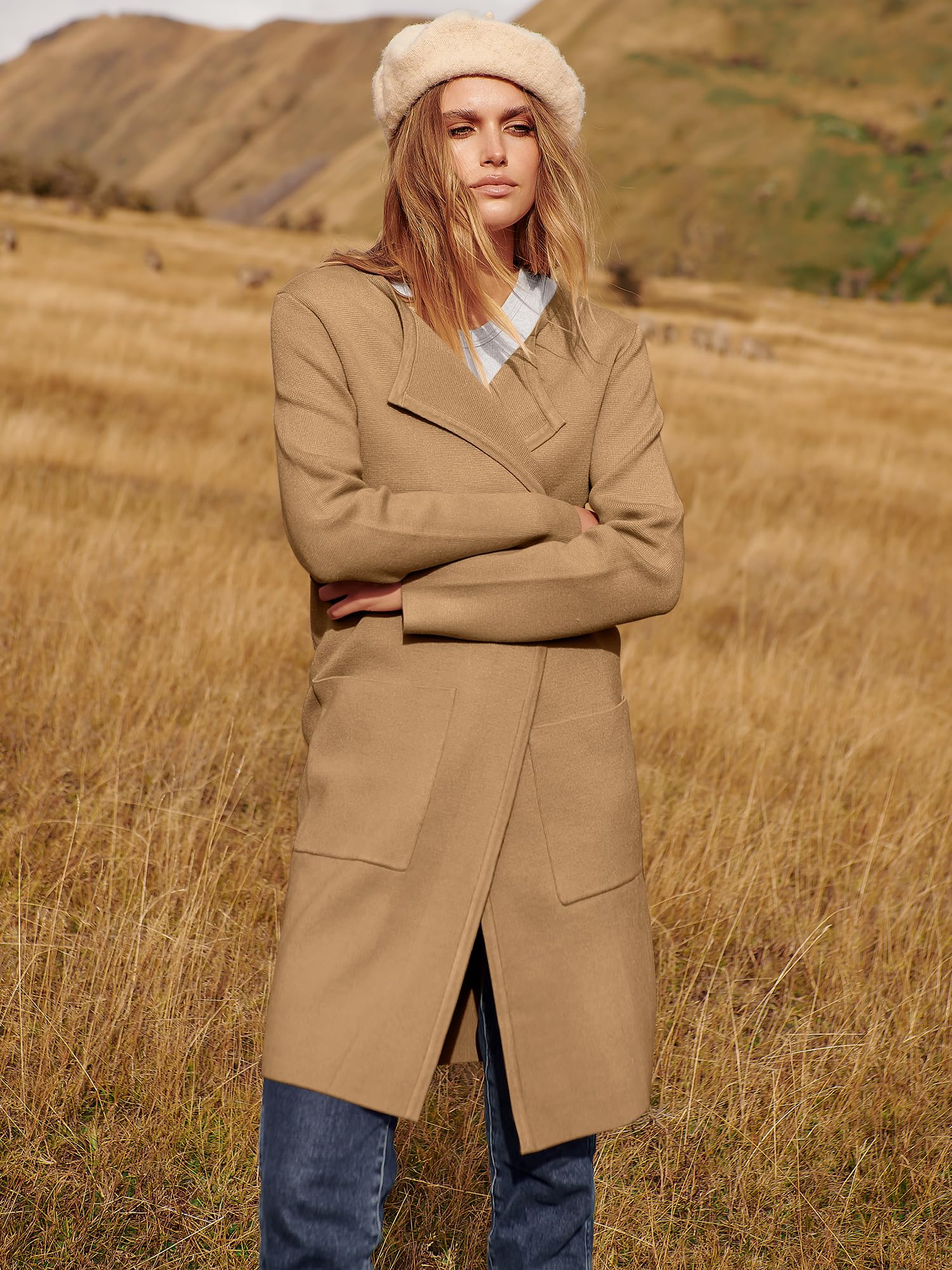 ANRABESS Womens Cardigan Sweater Open Front Knit Long Coatigan Dressy Casual Jacket Coat 2025 Fall Outfits Classy Clothes Light Brown Small