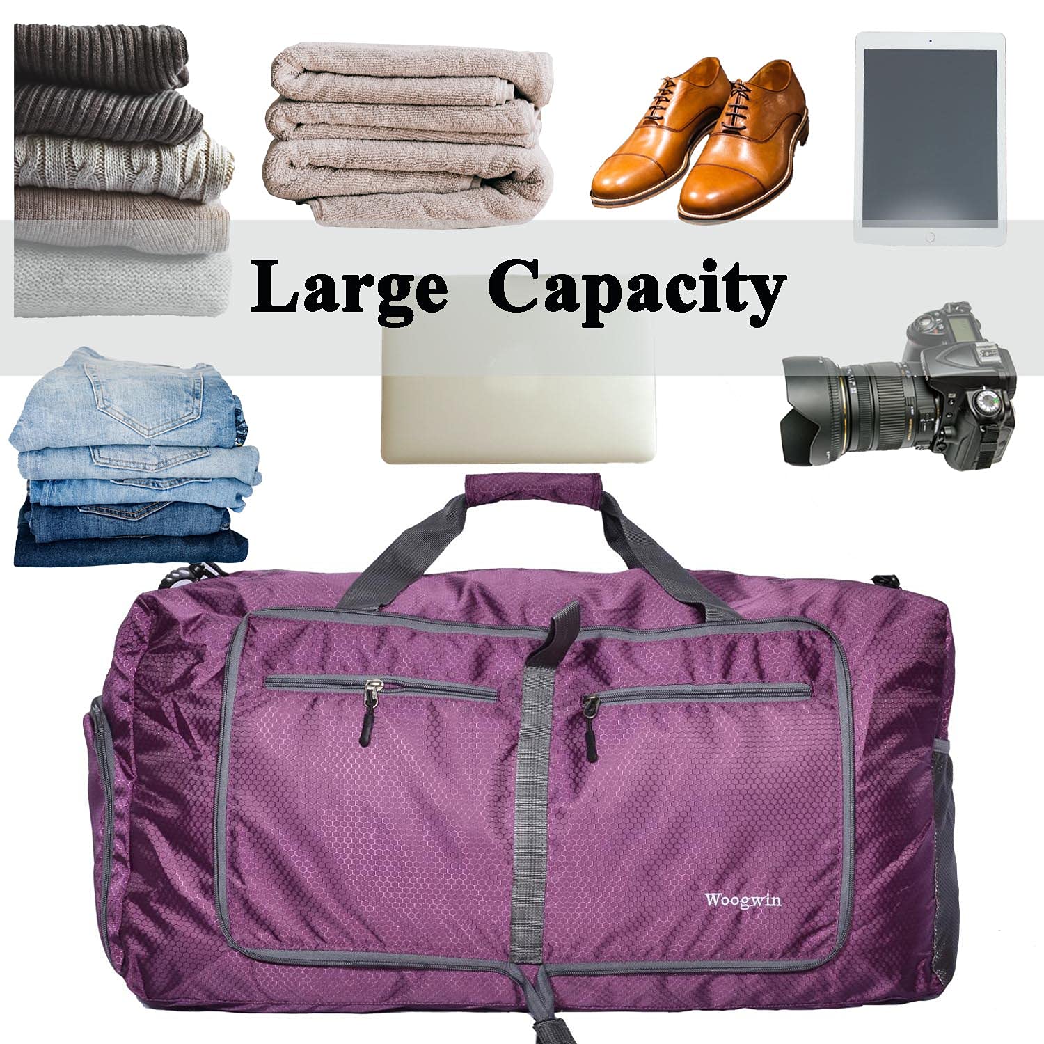 Woogwin Travel Duffel Bag Large Foldable Waterproof Overnight Bag for Beach Swim Bags Pool Sports Gym (60L Purple)