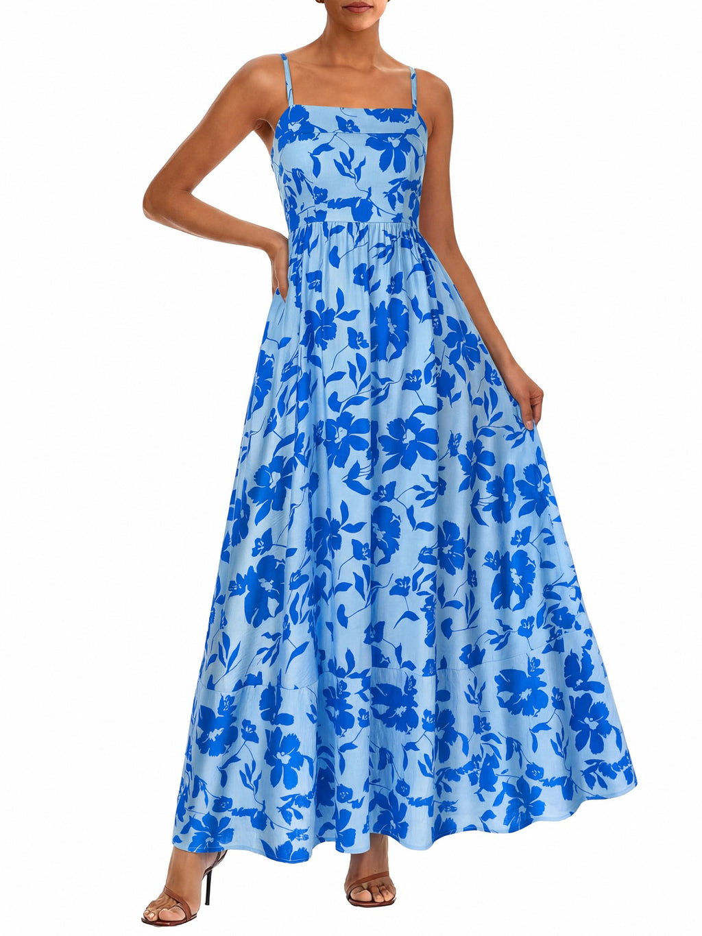 PRETTYGARDEN Women Summer Maxi Dresses 2026 Spaghetti Strap Boho Floral Striped Wedding Guest Beach Vacation Flowy Long Dress(Light Blue Blue Flower,Small)
