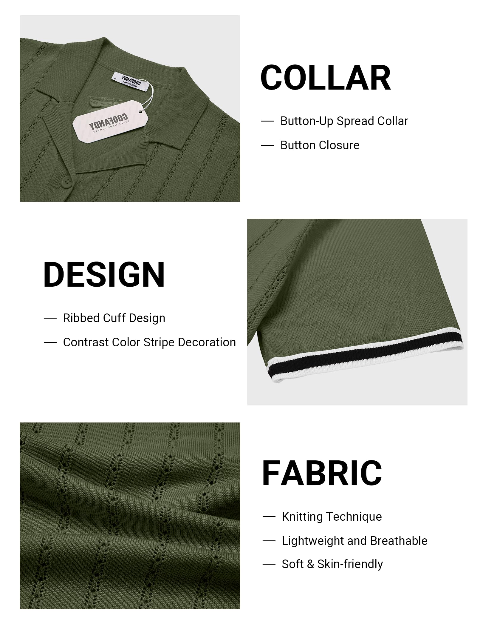 COOFANDY Mens Button Up Short Sleeve Knit Shirt Resort Wear for Men Vintage Old Money Shirt Army Green