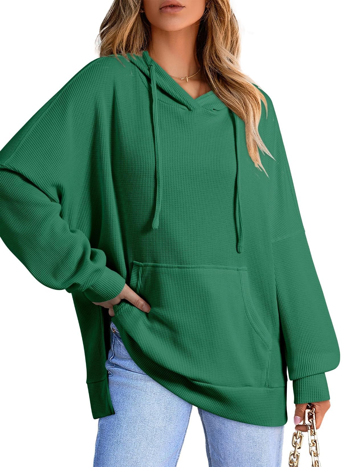 Dokotoo Womens Long Sleeve Sweatshirts Loose Fit Waffle Knit Hoodies for Women Trendy Oversized Fall Winter Clothes for Women 2025 Pullover Sweatshirt Solid Hoodie Tops Green Small