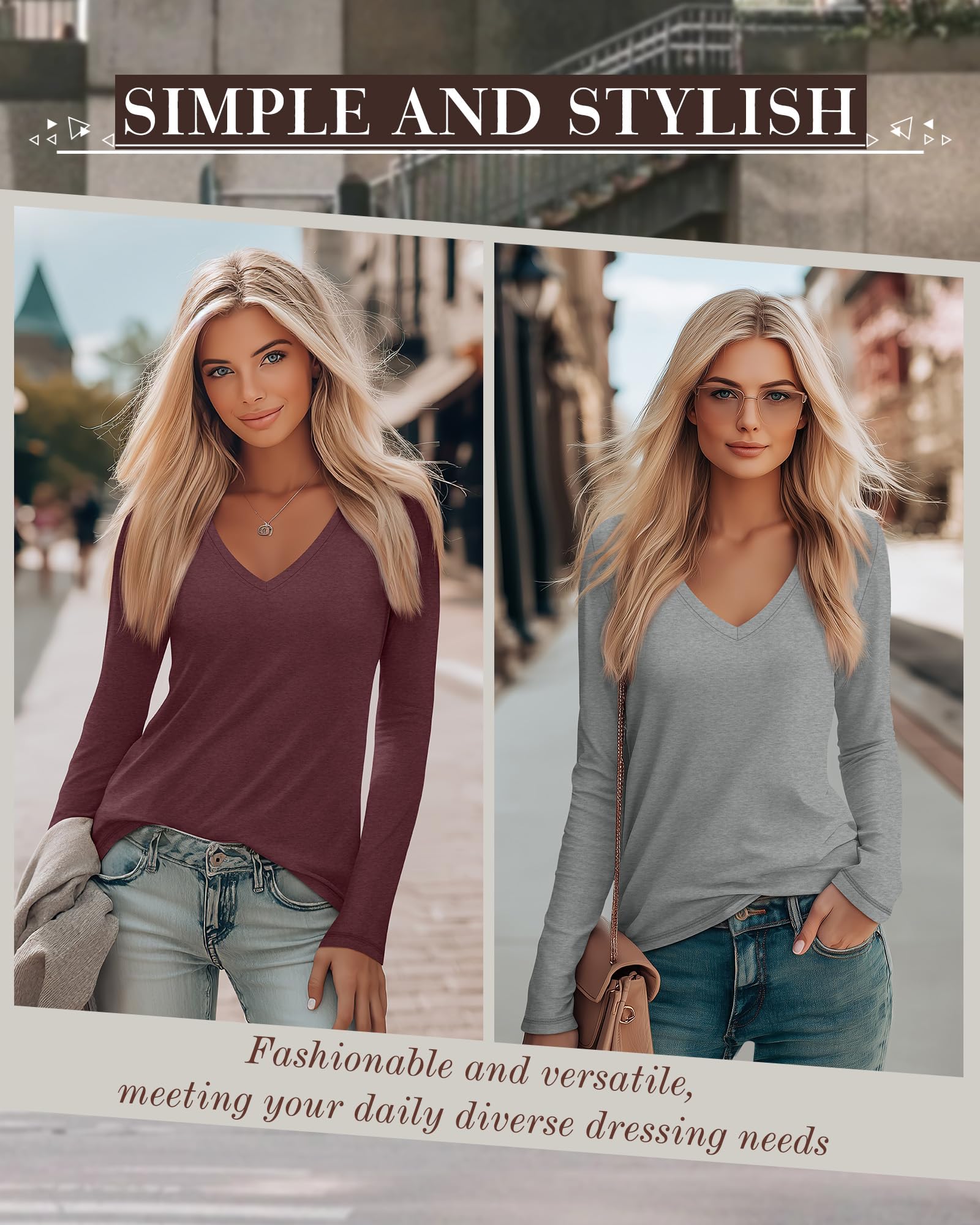 Velvelhall 4 Pack Women's Long Sleeve V Neck Shirts, Casual Loose Fit Tees Basic Tunic Tops Trendy Fall T-Shirts Outfits(Black, Gray, Navy Blue, Wine Red,Small)