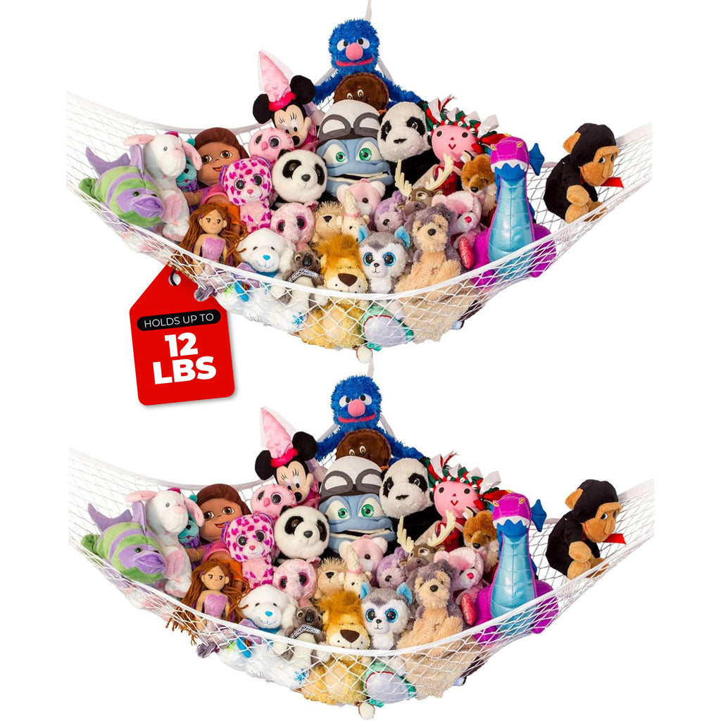 Lilly's Love Stuffed Animal Hammock | Corner Hanging Organizer, Toy Storage, Stuffed Animal Storage Net | Made from Quality Fishing Net, Holds 12lbs | 67"x47"x47" (White, 2 Pack)