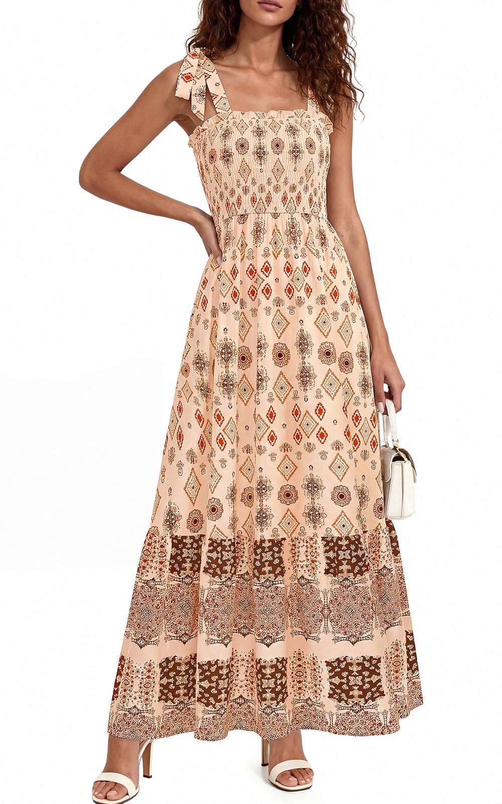 PRETTYGARDEN Square Neck Smocked A Line Long Summer Dress Boho Sleeveless Vintage Floral Long Wedding Guest Dresses for Women (Floral Apricot Brown, X-Large)