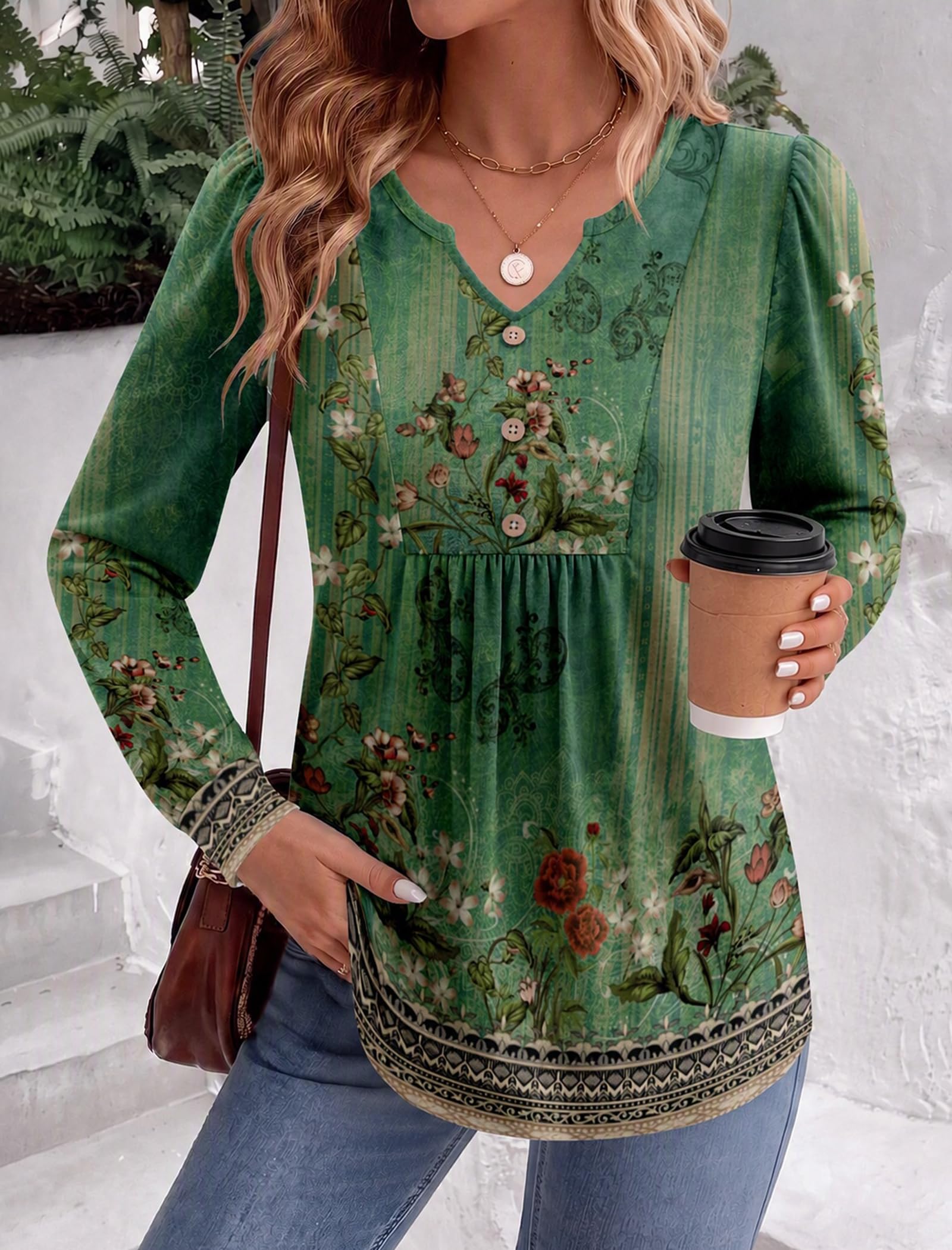 Zeagoo Boho Tops For Women Fall Long Sleeve V Neck Henly Shirt Floral Tunic