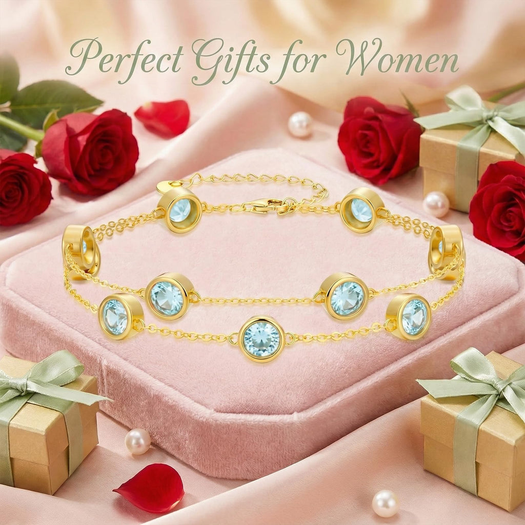 OJK Birthstone Bracelet for Women 14K Gold Aquamarine March Birthstone Bracelet Round Layered Bracelets Anniversary Birthday Jewelry Gifts for Wife Mom Her