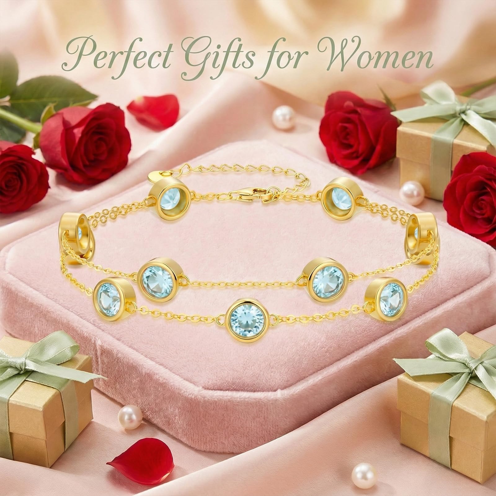 OJK Birthstone Bracelet for Women 14K Gold Aquamarine March Birthstone Bracelet Round Layered Bracelets Anniversary Birthday Jewelry Gifts for Wife Mom Her