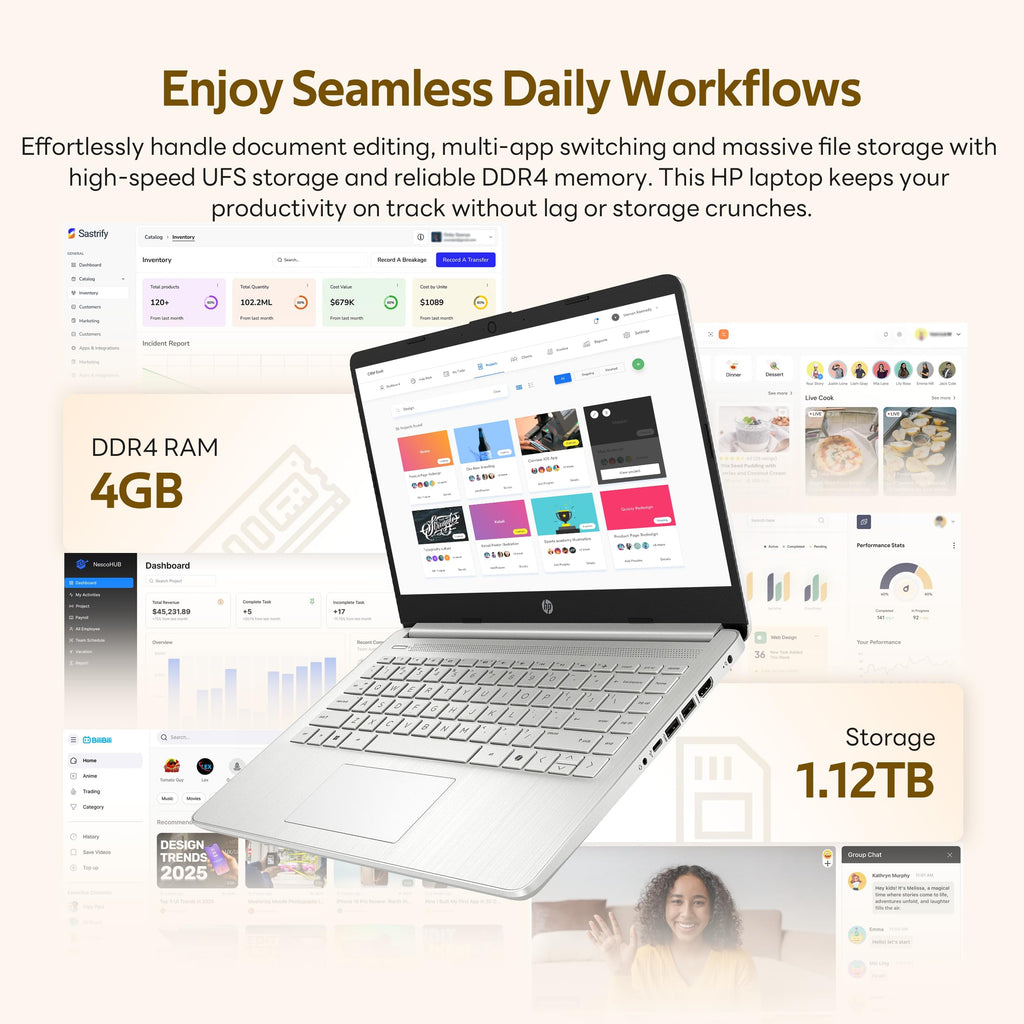 HP Flagship 14" HD Student&Business Laptop with AI Copilot, 13th Gen Intel 4-Core, 4GB RAM, 1.12TB Storage (128GB UFS + 1TB Docking Station), 1 Year Office 365, Wi-Fi 6, Win 11 S, Natural Silver