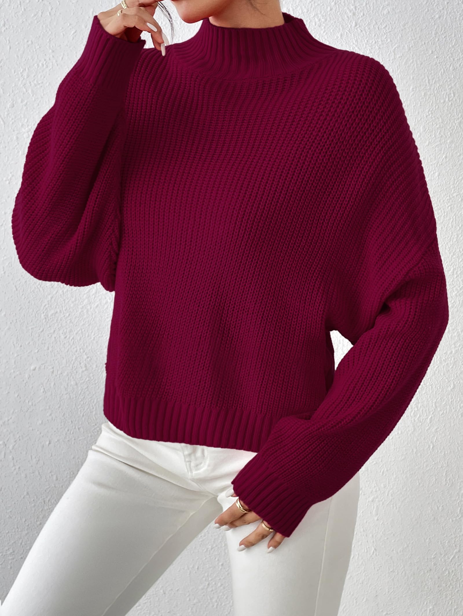 SunnyMelody Womens Cropped Turtleneck Sweater Fall Winter Spring 2025 Trendy Cute Mock Turtle Neck Cozy Soft Ribbed Knit Lightweight Long Sleeve Crop Knitted Pullover Sweaters Jumper Ancora Red S