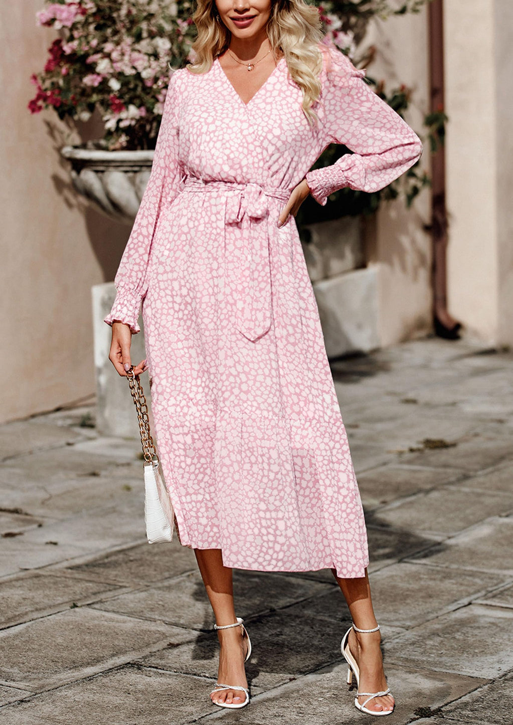 PRETTYGARDEN Women's Floral Boho Dress Fall Long Sleeve Wrap V Neck Ruffle Flowy Maxi Spring Wedding Guest Vacation Dresses (Pink,Small)