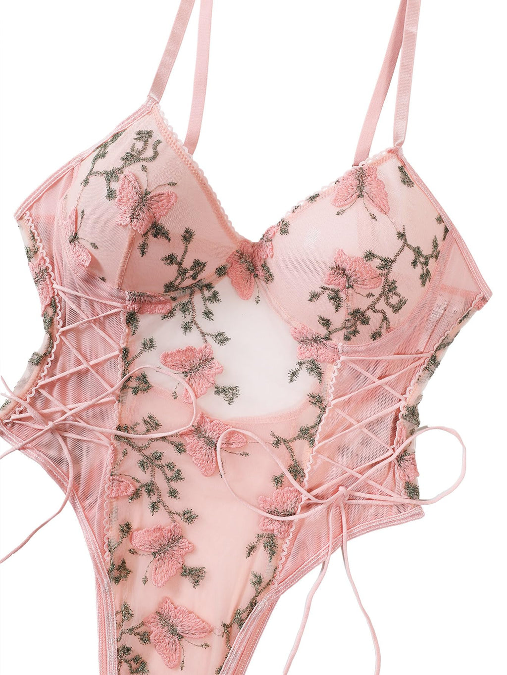Lilosy Women Sexy Lace Up Butterfly Embroidered Teddy Babydoll Lingerie Bodysuit Top Mesh Sheer One Piece See Through Light Pink Medium
