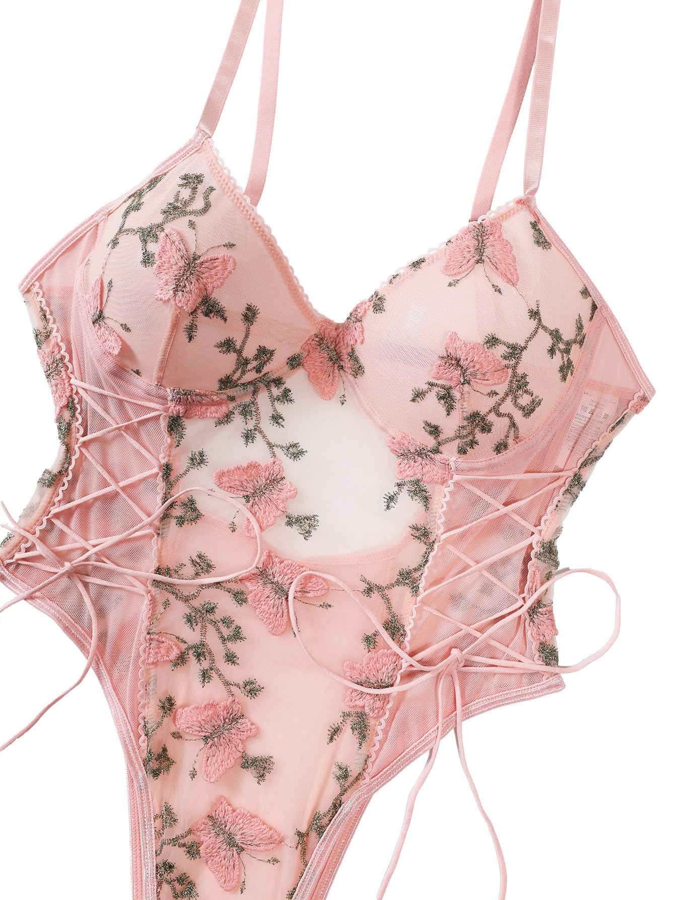 Lilosy Women Sexy Lace Up Butterfly Embroidered Teddy Babydoll Lingerie Bodysuit Top Mesh Sheer One Piece See Through Light Pink Medium
