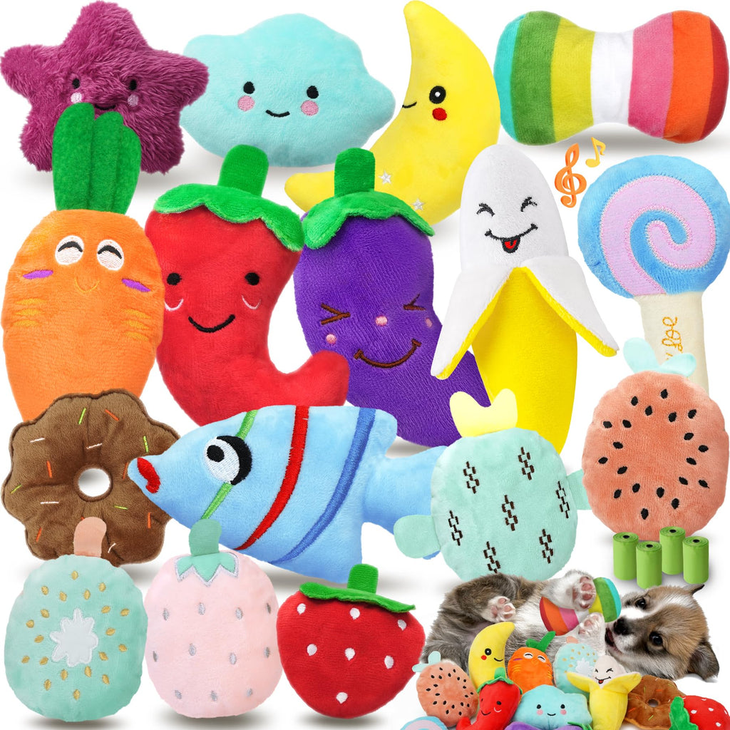 QTwoof Cheerful 20-Pack Squeaky Dog Toys Set - Included 4 Dog Bags, Plush Puppy Toys with Irresistibly Cute Characters for Small Dogs, Interactive Dog Squeak Toys for Fun&Teeth Cleaning