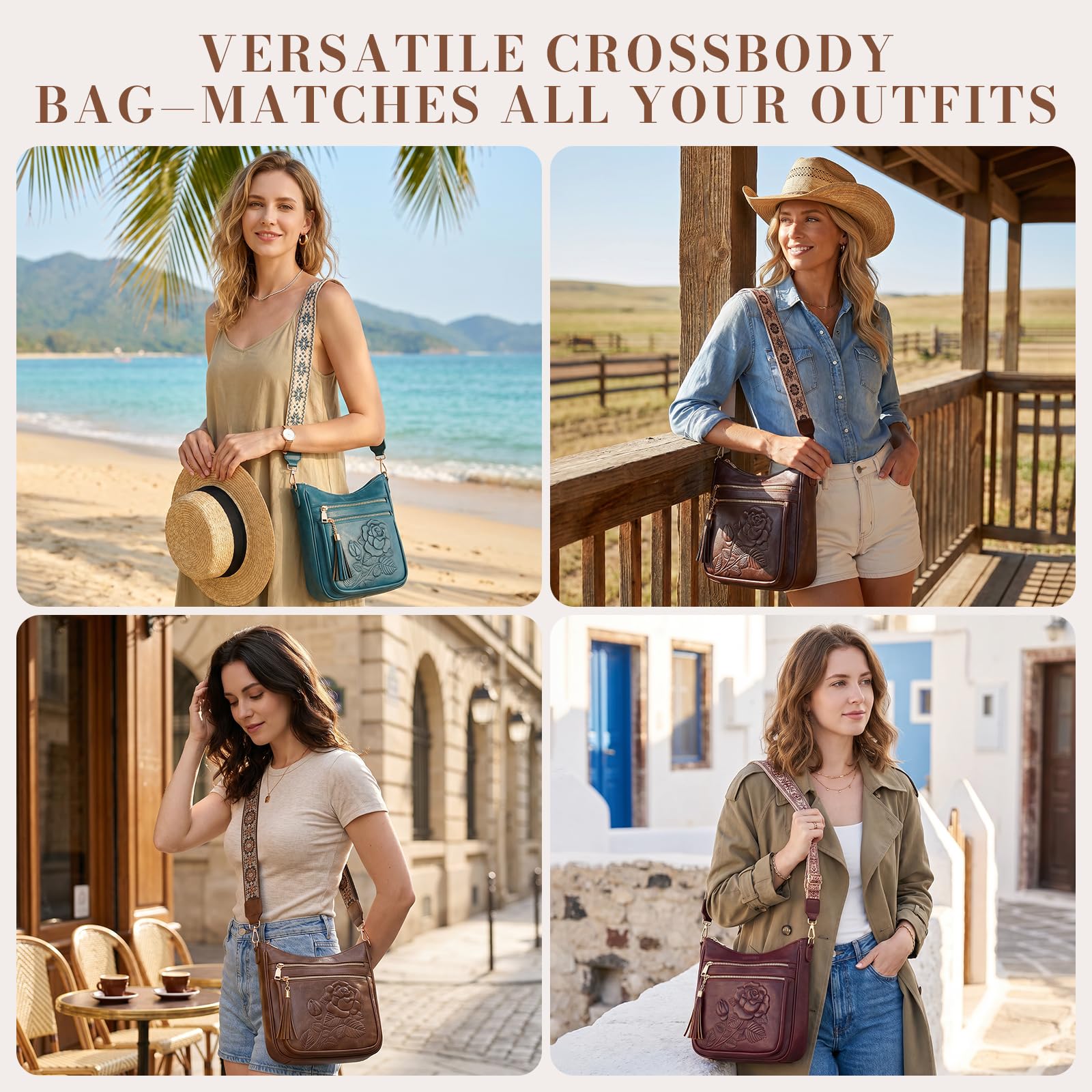 FORUWISH Crossbody Bags for Women, Vegan Leather coffee Crossbody Purse, Multiple Pocket Everyday Travel Shoulder Bag with Boho Strap